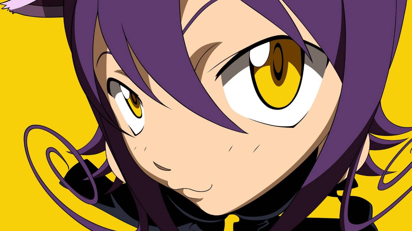 Soul Eater Characters 桌布 壁紙 — 特寫一個紫髮金眼的動漫女孩，背景是明亮的黃色。