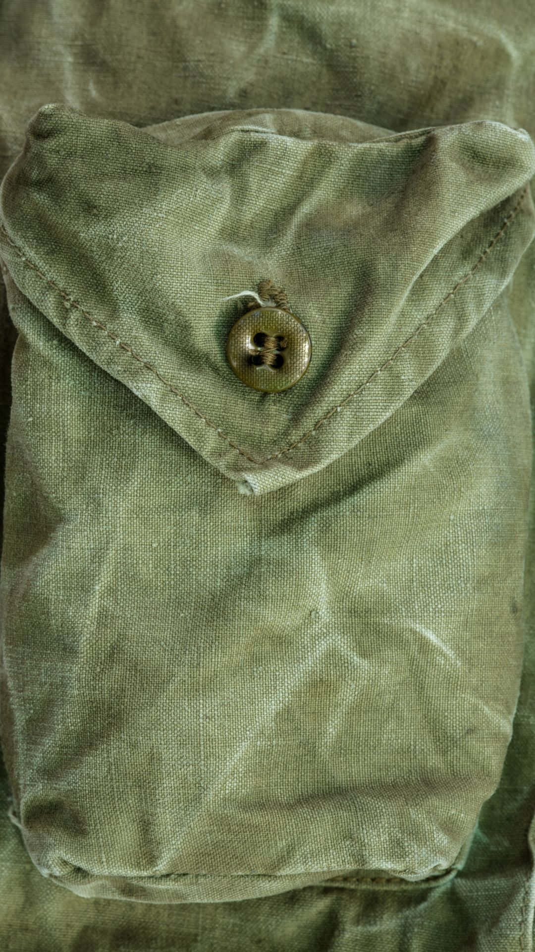 軍事動圖 桌布 壁紙 — 特寫一個經過風化的橄欖綠色布料口袋，帶有一顆鈕扣和可見的縫線細節。