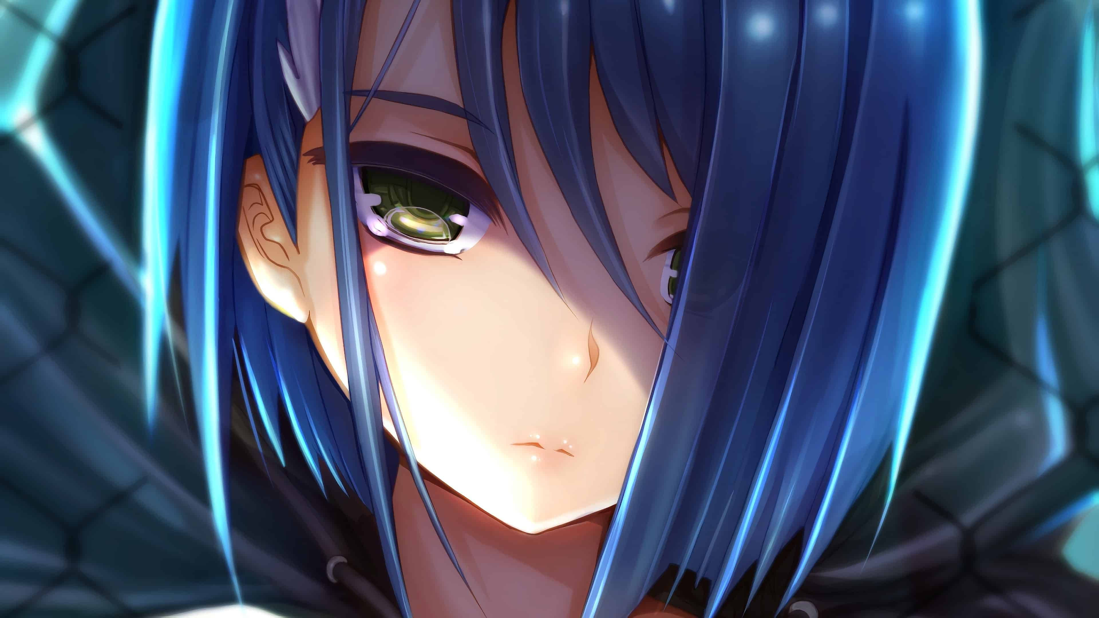 Darling In The Franxx 桌布 壁紙 — 特寫一個藍色頭髮、發光綠色眼睛的動漫女孩，背景是深色幾何圖案。