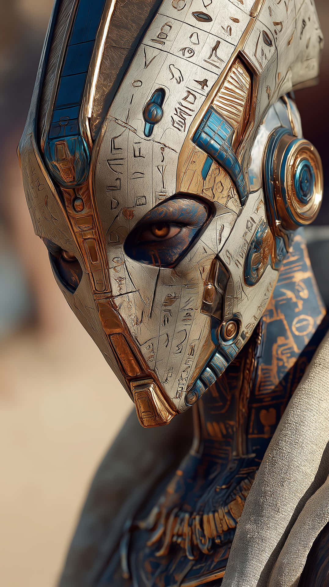 Futuristic Egyptian Android with Hieroglyphic Details 壁紙 — 特寫一個裝飾華麗的金色和藍色埃及風格機械面具，帶有象形文字和發光的眼睛。