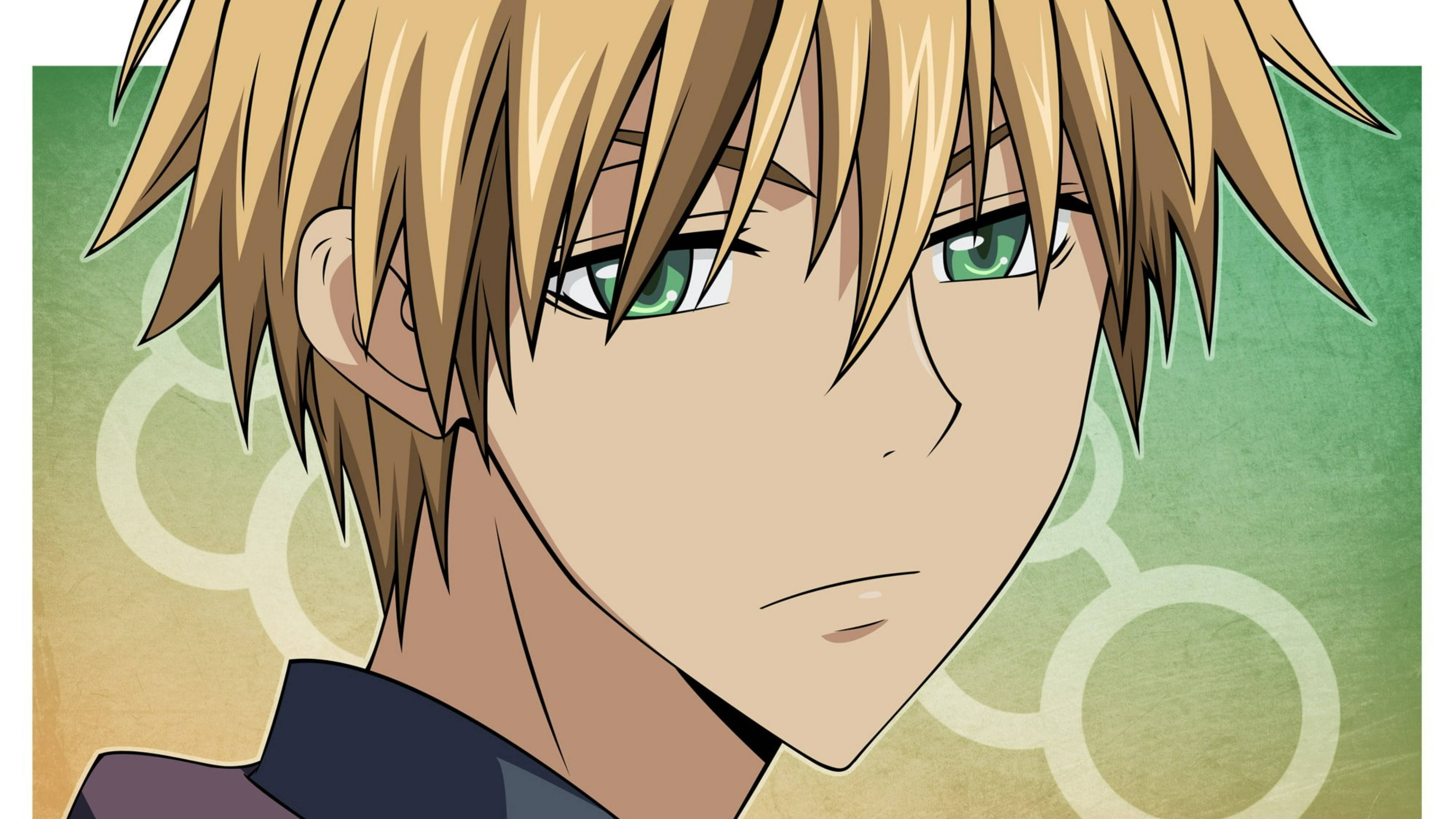 Maid Sama 桌布 壁紙 — 特寫一個金髮動畫男性，綠色眼睛，表情嚴肅，背景為有紋理的綠色和米色。