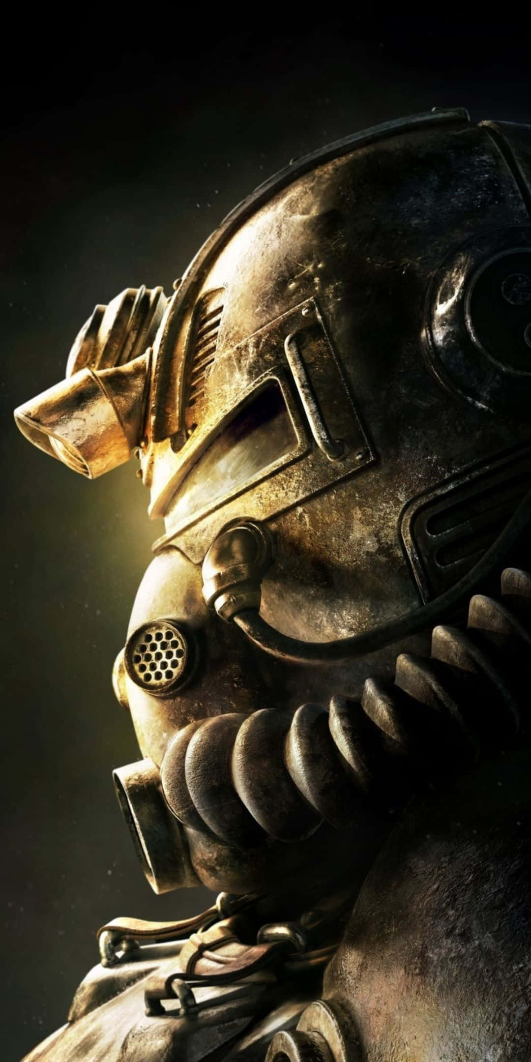 Pixel 3 Fallout 76 桌布 壁紙 — 特寫一個風化的金屬動力裝甲頭盔，在黑暗背景下發出溫暖的光芒。