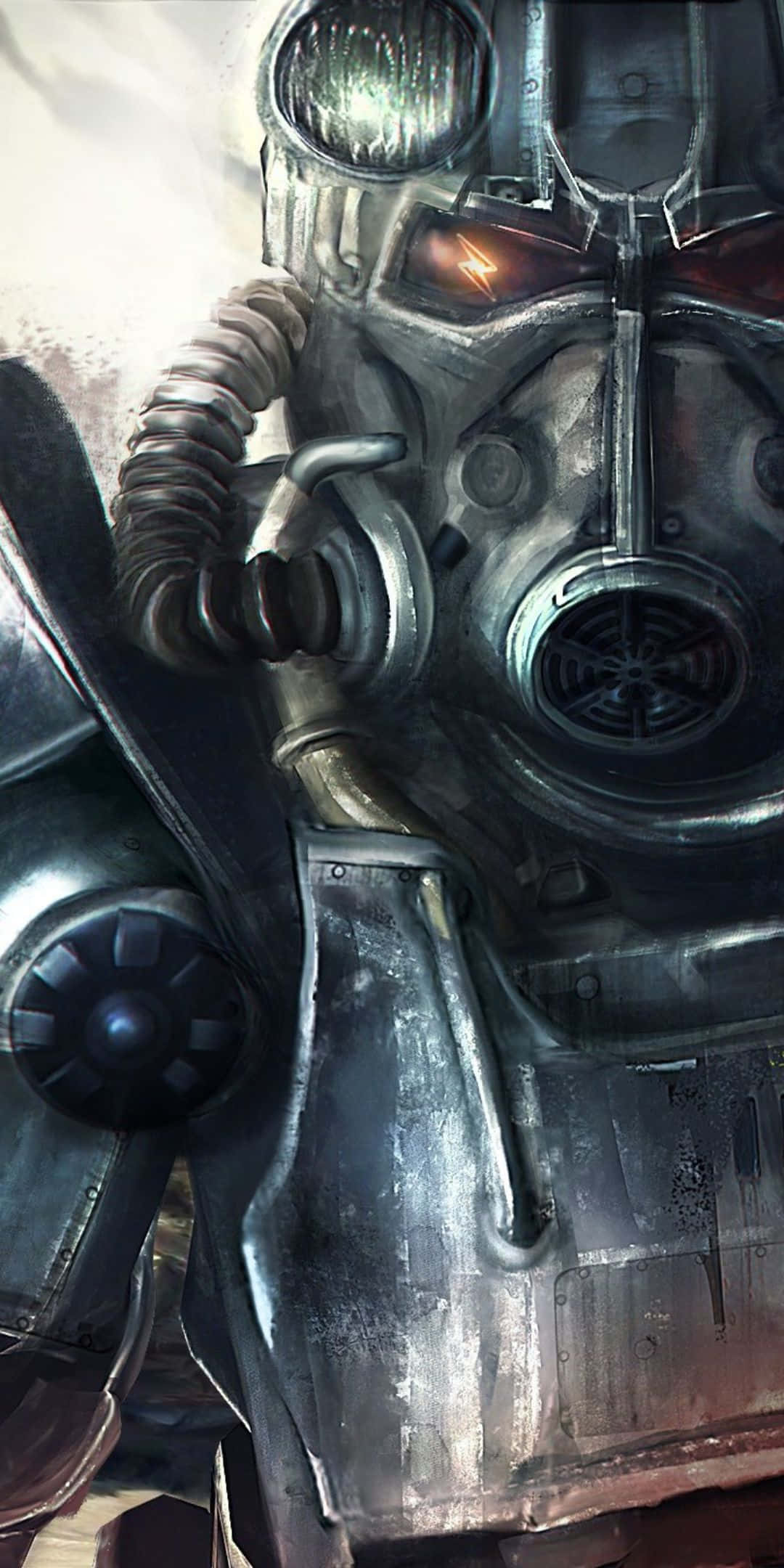 Pixel 3 Fallout 76 桌布 壁紙 — 特寫一個風化的金屬動力裝甲頭盔，帶有發光的橙色眼鏡和複雜的機械細節。