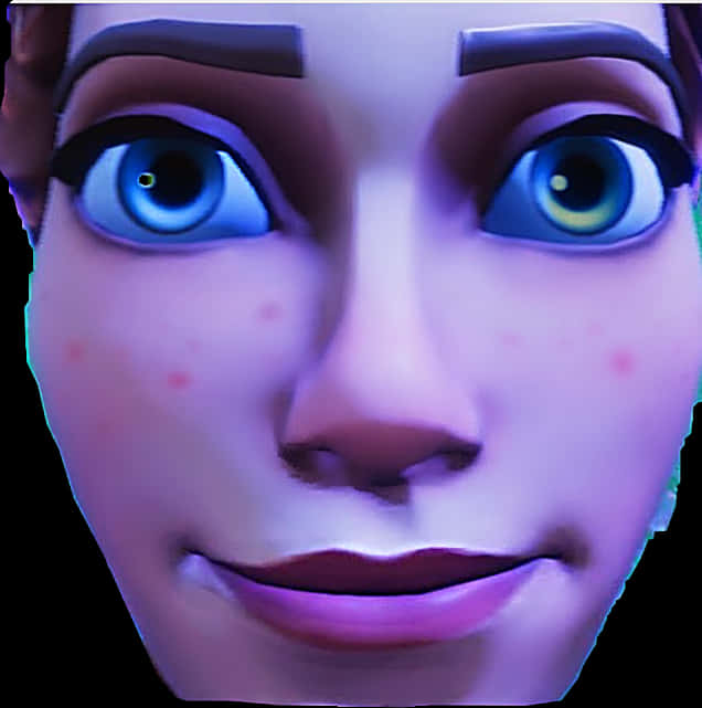 Fortnite Default Skin 桌布 壁紙 — 特寫一個風格化的3D渲染女性面孔，帶有發光的藍色眼睛和柔和的紫色燈光，背景為黑色。