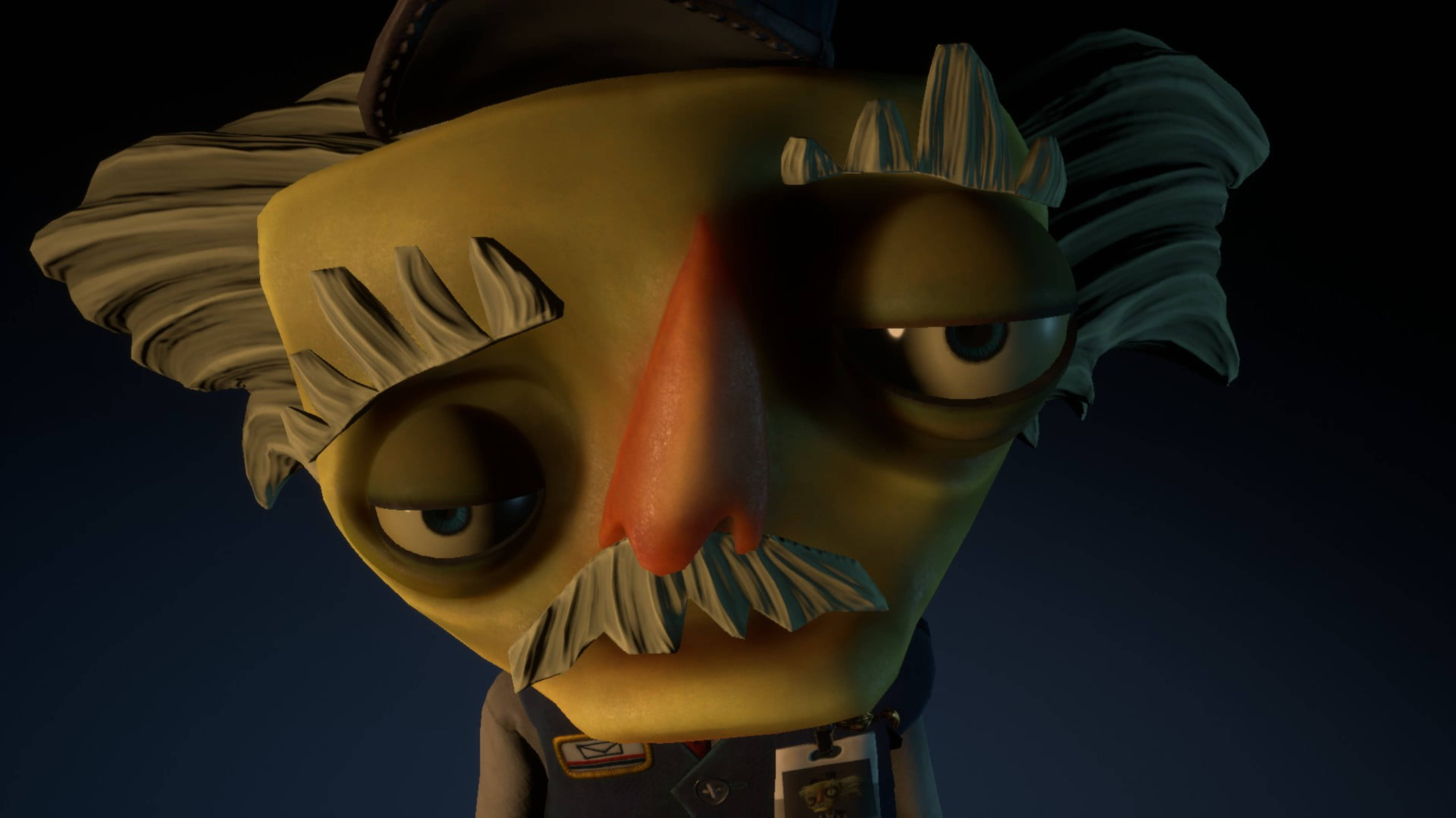 Psychonauts 桌布 壁紙 — 特寫一個風格化的動畫角色，有大鼻子和疲倦的眼睛，背景為深色。