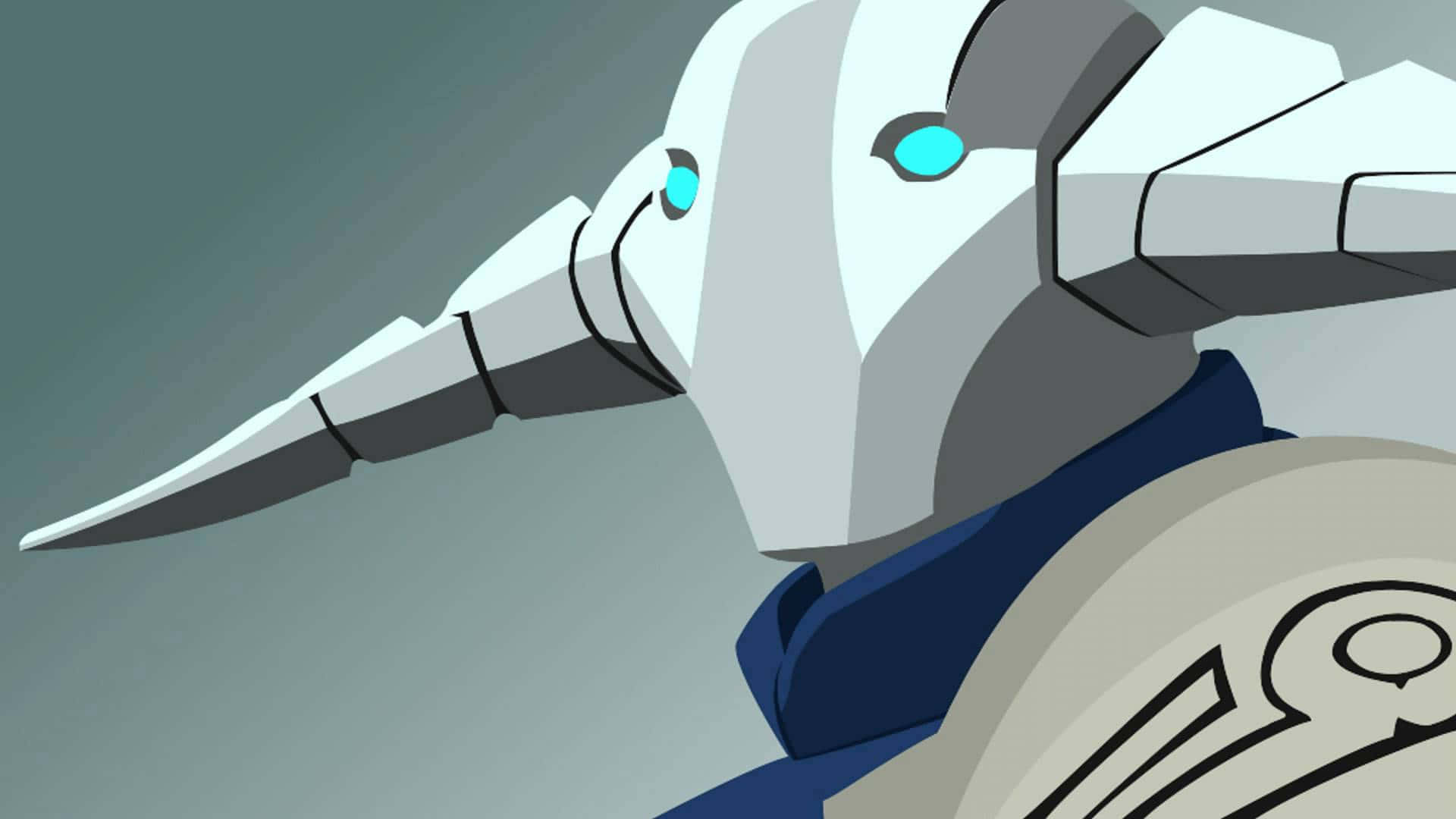 Dota 2 Sven 桌布 壁紙 — 特寫一個風格化的白色機器人，擁有發光的藍色眼睛和銳利的棱角特徵，背景為柔和的灰色。