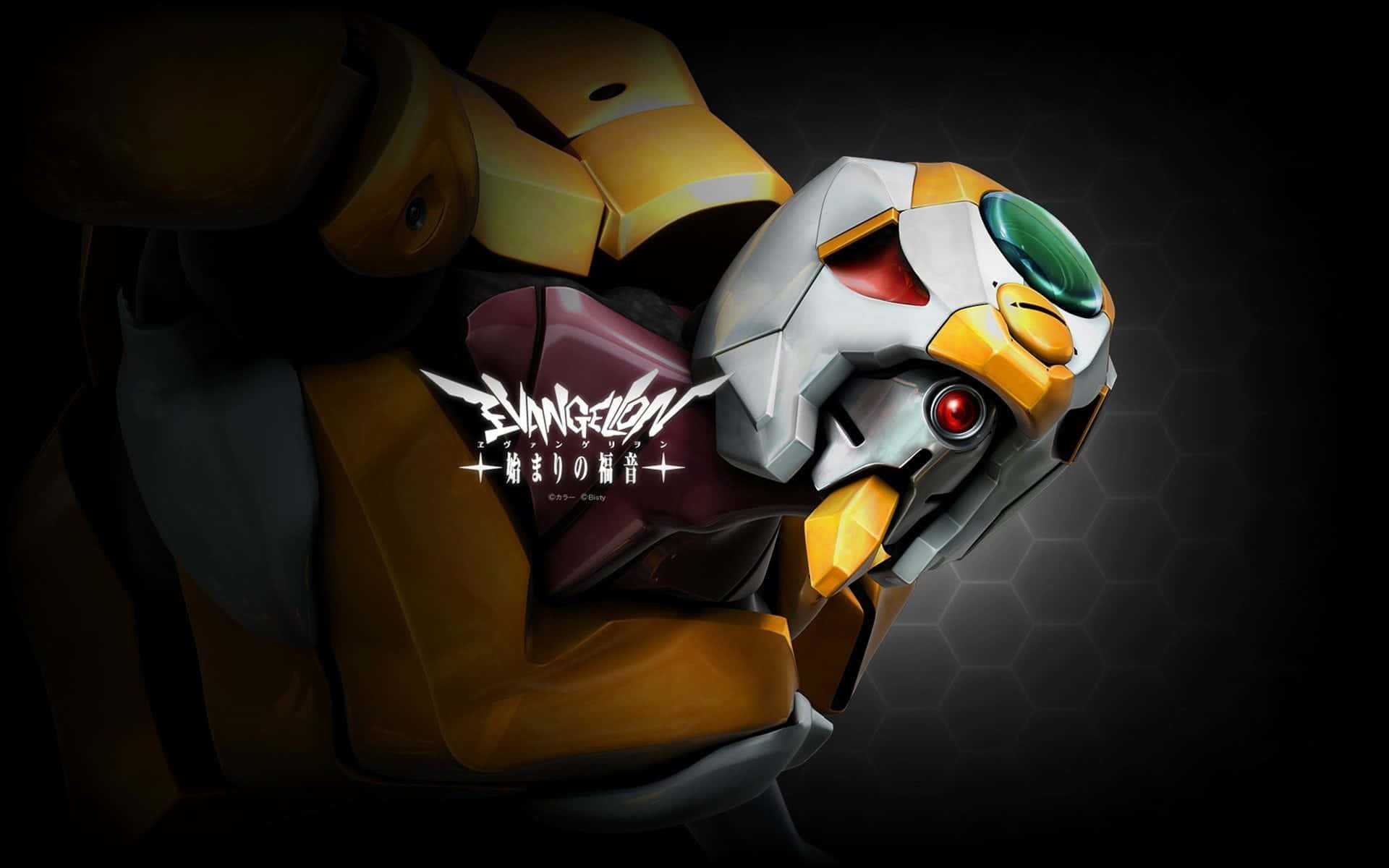 evangelion 4K 桌布 壁紙 — 特寫一個黃白相間的生物機械機器人，在深色六邊形背景下，眼睛發出紅綠光芒。