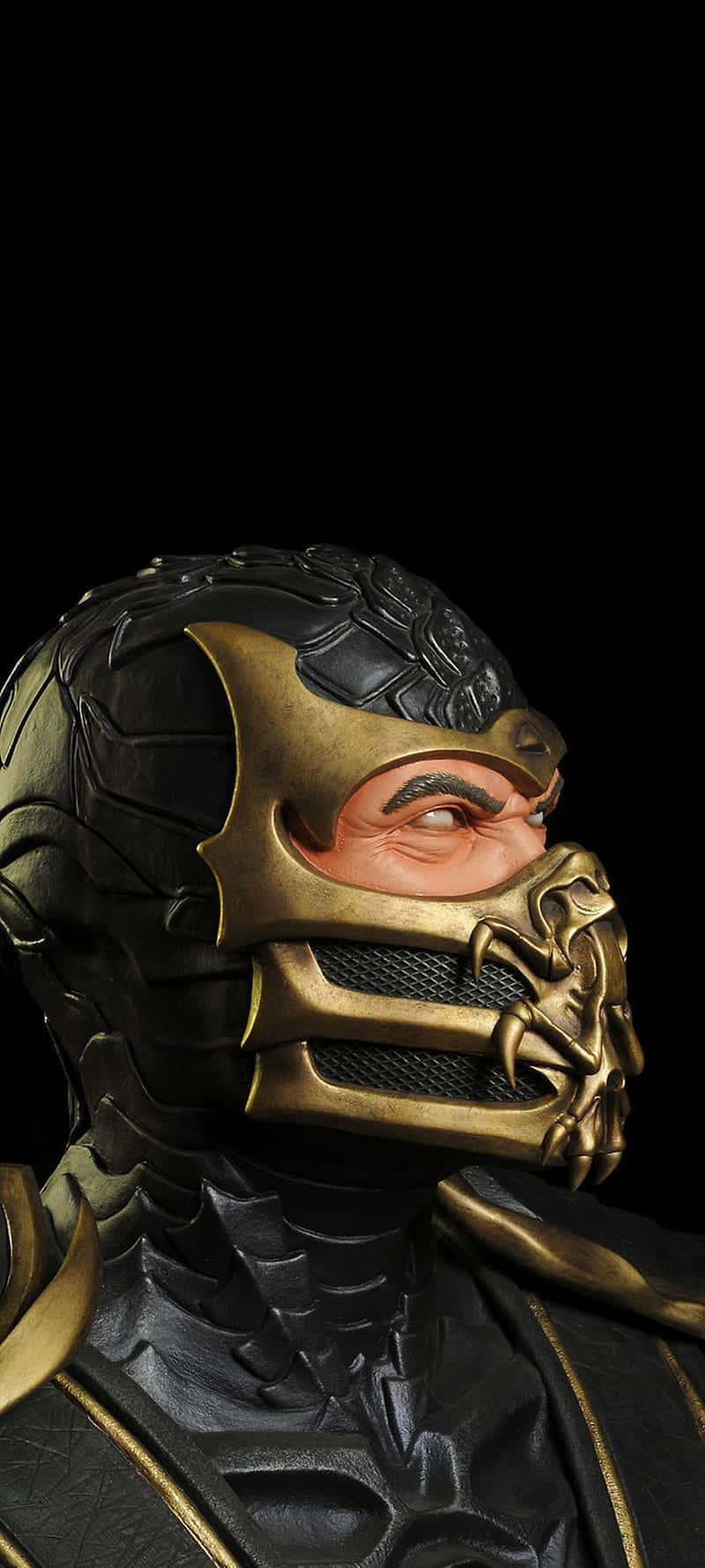 Mortal Kombat iPhone 桌布 壁紙 — 特寫一名戴面具的戰士，身穿金色和黑色盔甲，背景為深色。