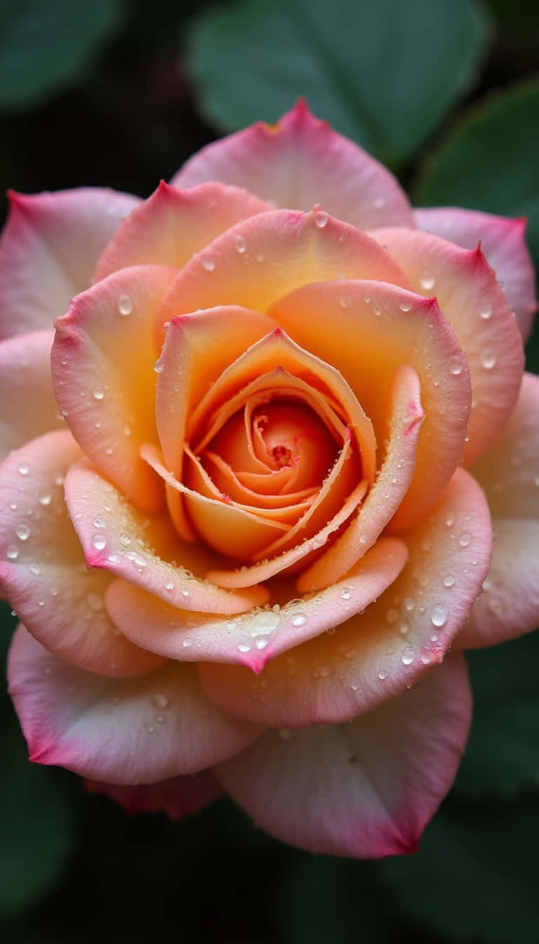 Flower 壁紙 — 特寫一朵沾滿露水的玫瑰，花瓣從蜜桃色漸變到粉紅色，襯托深綠色葉子。