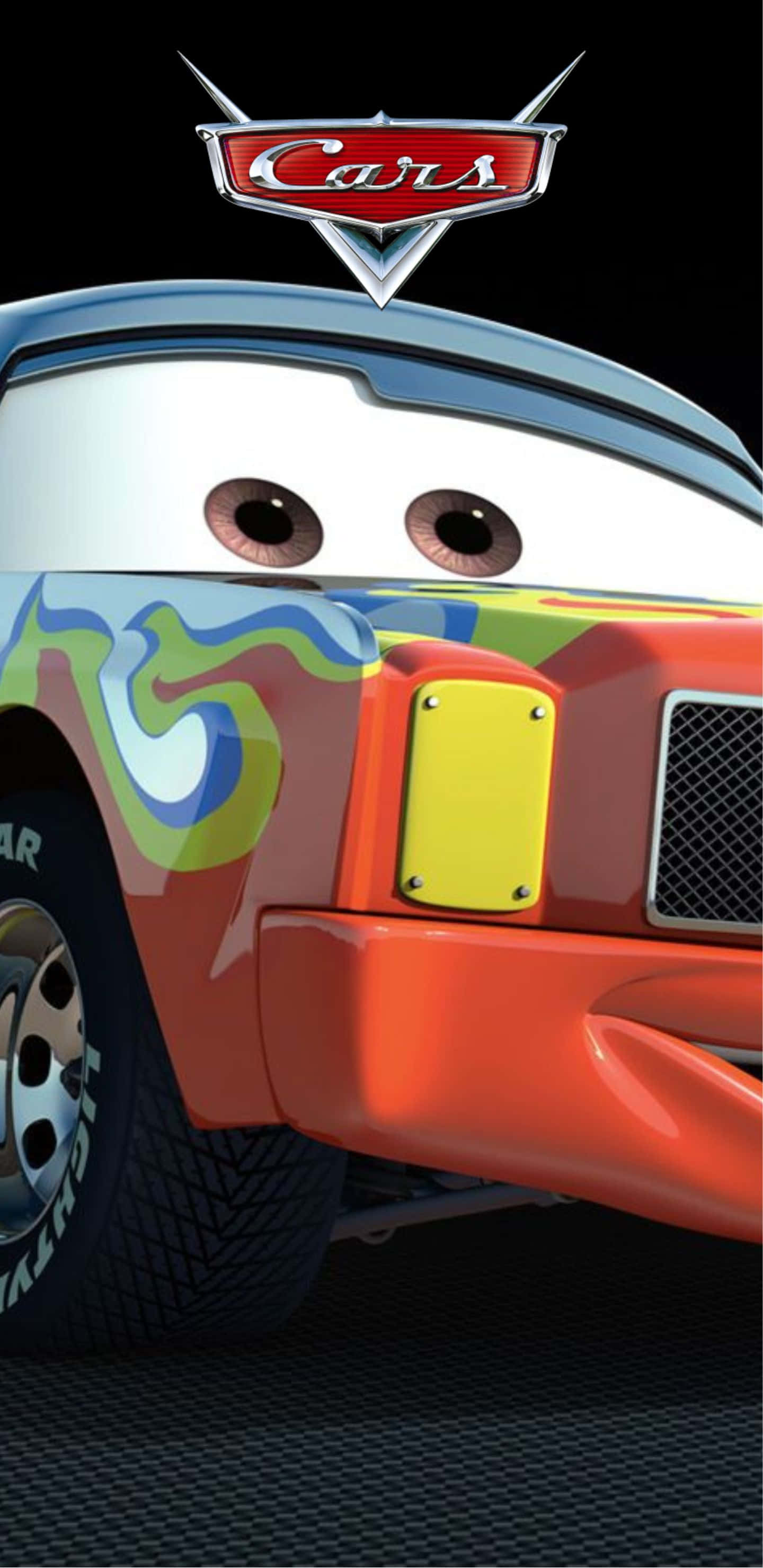 Pixel 3xl Cars 桌布 壁紙 — 特寫一輛色彩繽紛的動畫賽車，帶有表情豐富的眼睛和鮮豔的塗鴉風格油漆，背景為黑色。