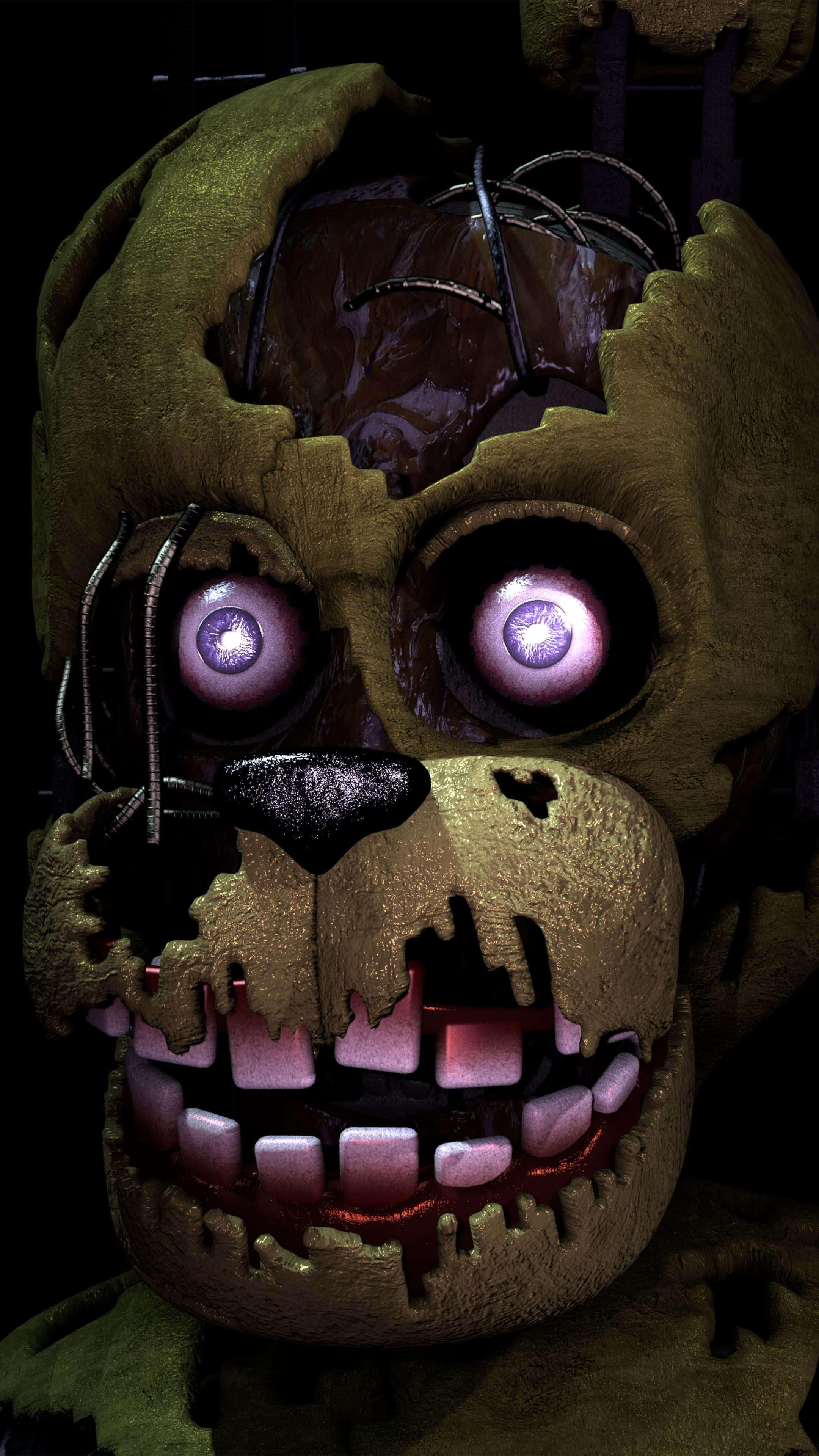 Springtrap 桌布 壁紙 — 特寫一隻受損的電子熊，紫色發光眼睛和暴露的電線，背景為深色。