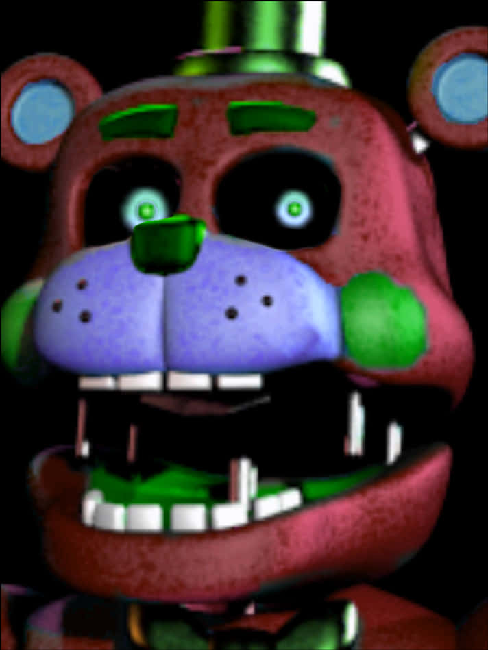 Freddy Fazbear 桌布 壁紙 — 特寫一隻帶有發光綠色眼睛和尖銳牙齒的威脅性電子熊，背景為黑色。