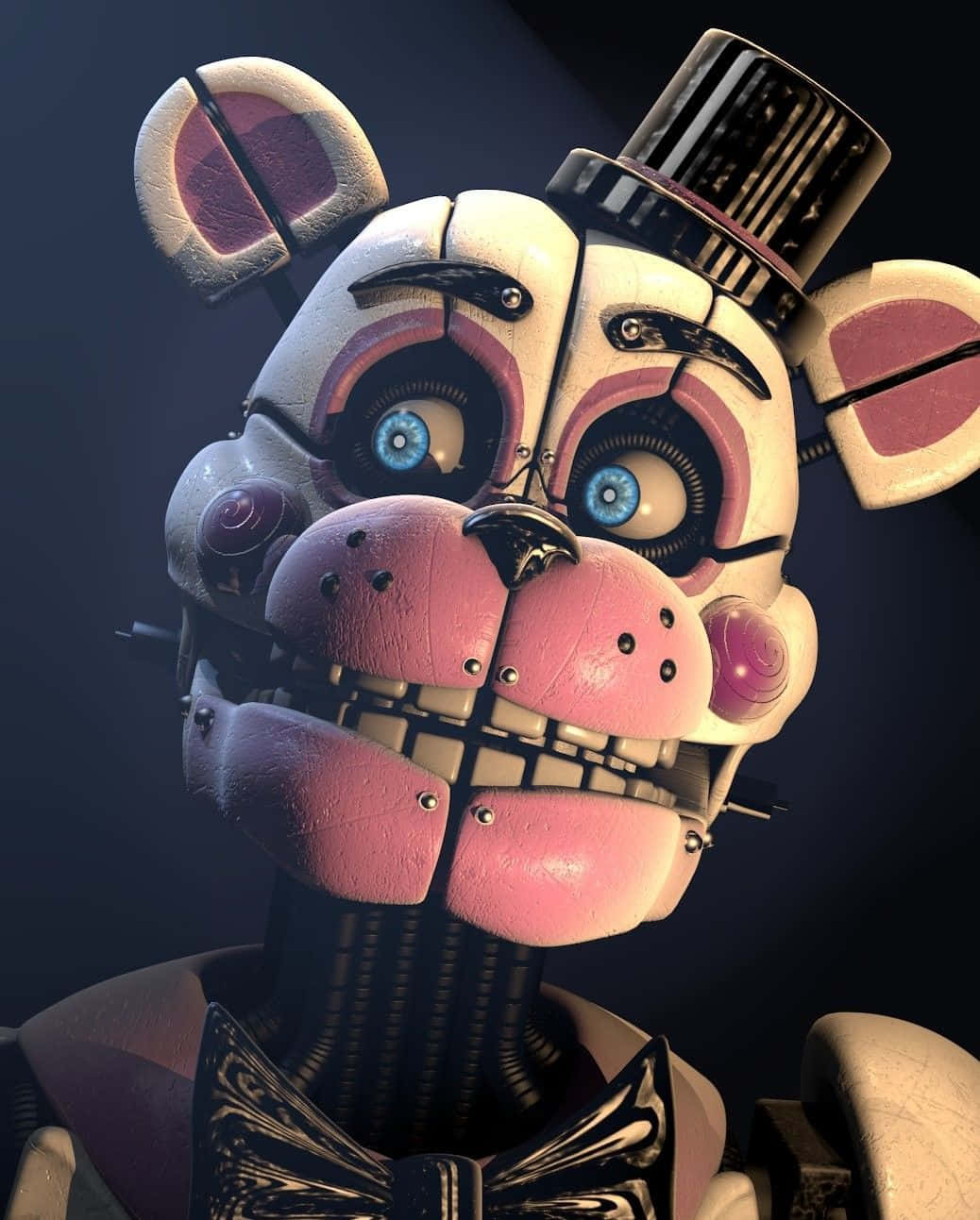Funtime Freddy 桌布 壁紙 — 特寫一隻破舊的粉紅色電子熊，油漆龜裂，藍色眼睛，戴著高頂帽，背景為深色。