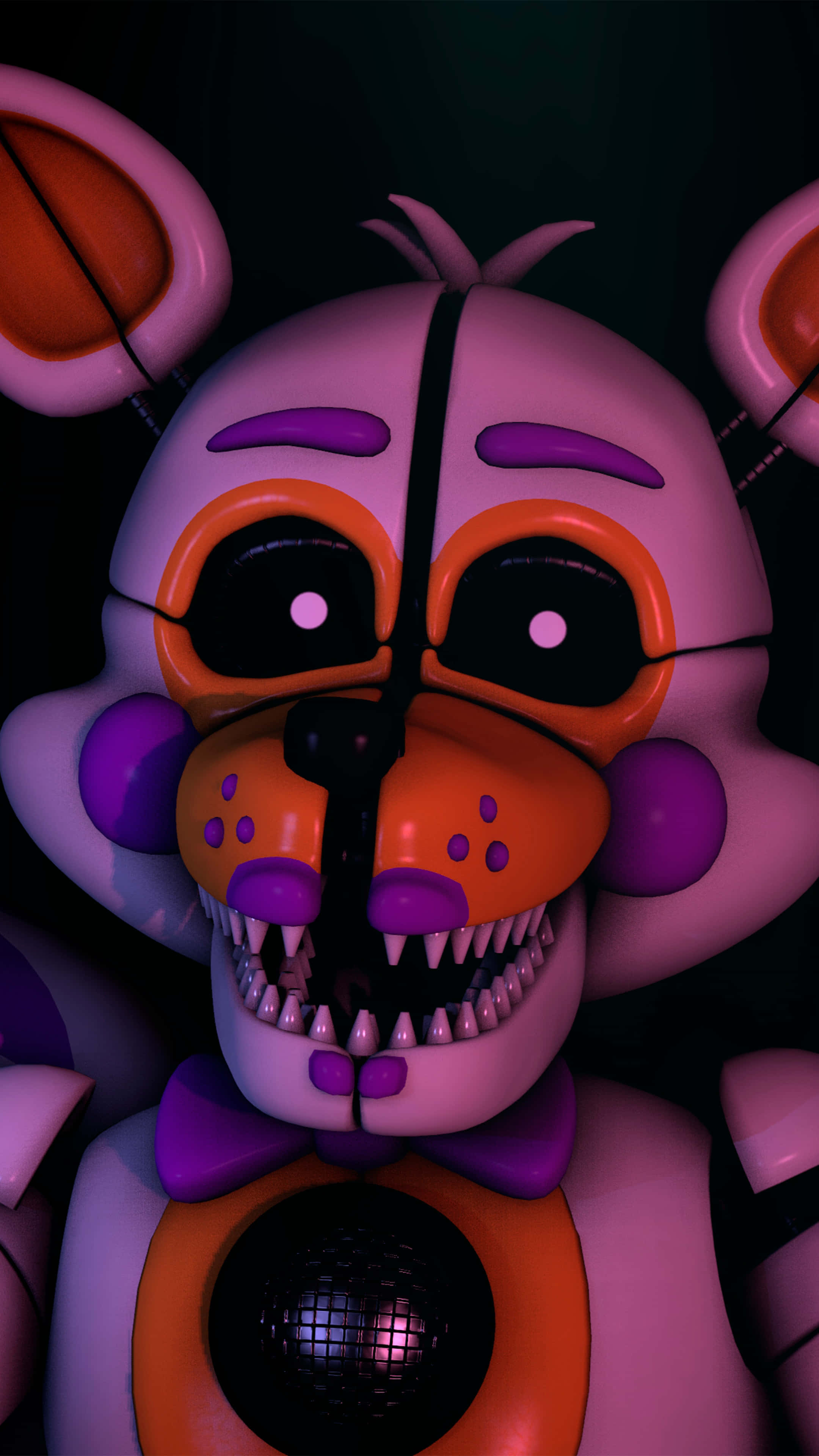 Lolbit 桌布 壁紙 — 特寫一隻面部裂開的電子熊，眼睛發光，牙齒鋒利，背景為深色。