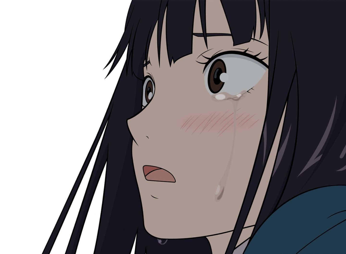 Animation 桌布 壁紙 — 特寫動漫女孩，深色頭髮，在純白背景上從眼睛流下一滴眼淚。