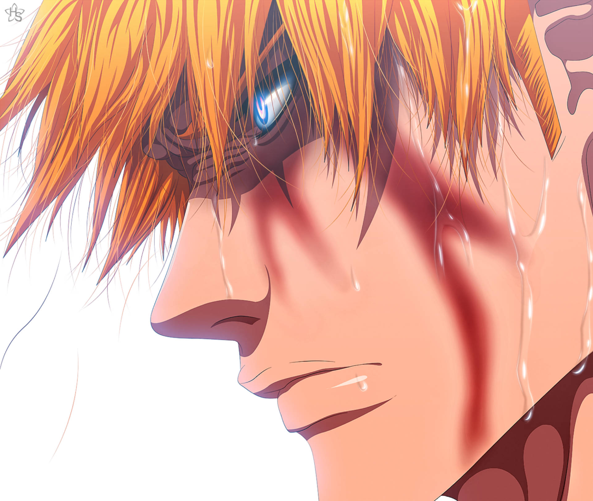 Ichigo Kurosaki 桌布 壁紙 — 特寫動漫肖像，一位堅定的橙髮戰士，藍色眼睛流淚和流血，背景為純白色。
