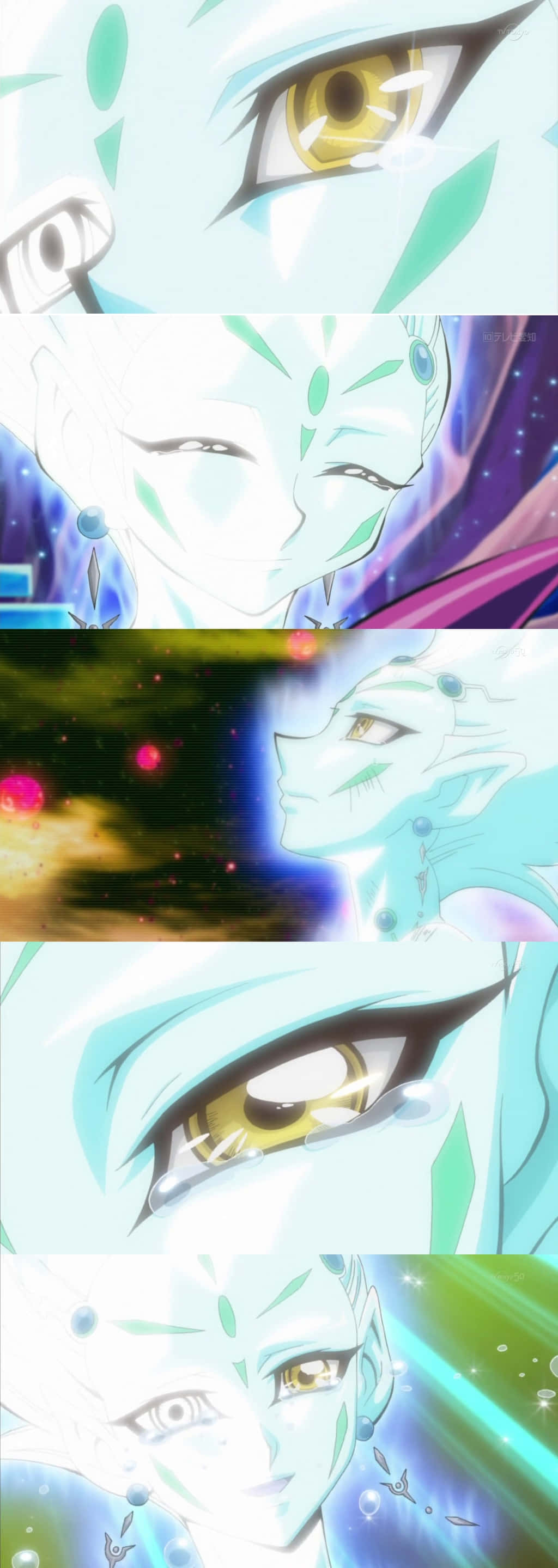 Yu-gi-oh Astral 桌布 壁紙 — 特寫動漫面板，描繪一個寧靜的藍皮膚角色，擁有金色眼睛和發光的綠色標記，背景為宇宙場景。
