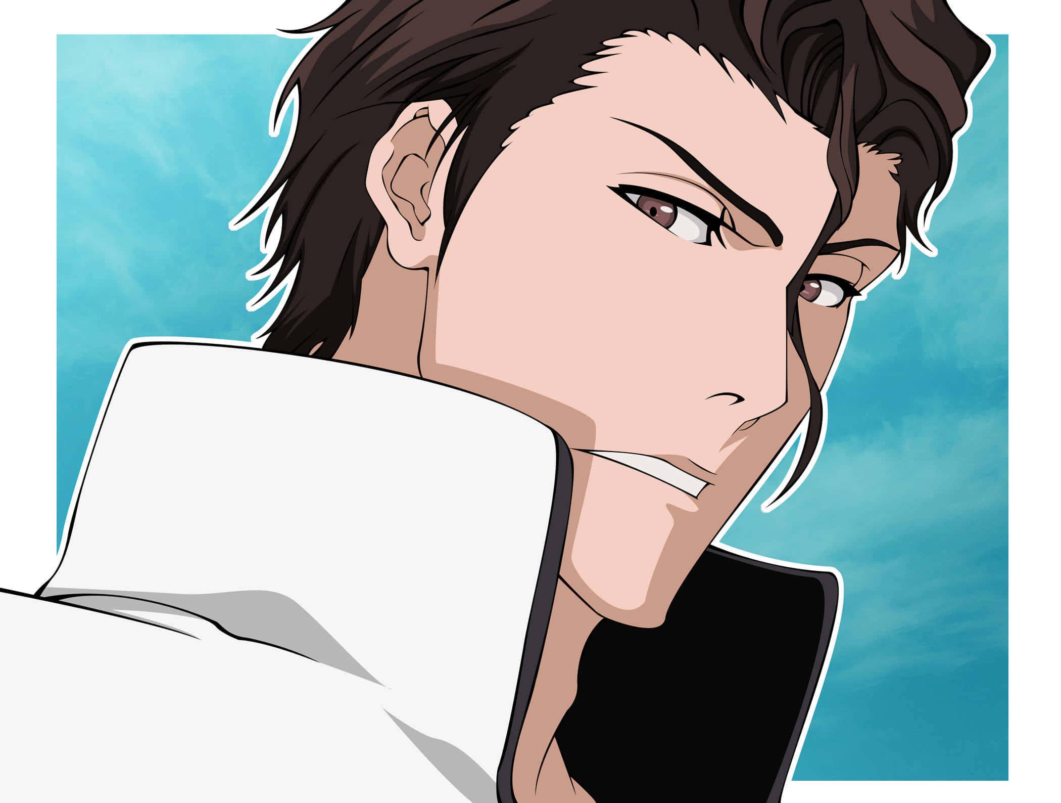 Sosuke Aizen 桌布 壁紙 — 特寫動畫肖像，一個嚴肅的年輕男子，深色頭髮，目光銳利，背景是藍綠色天空。