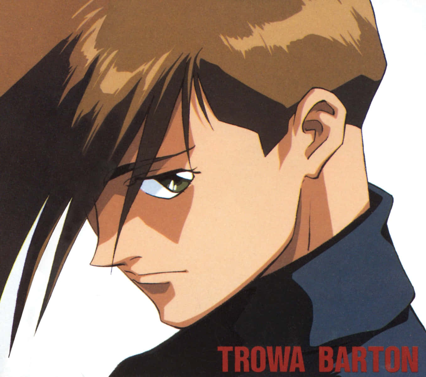 Trowa Barton 桌布 壁紙 — 特寫動畫肖像，特洛瓦·巴頓，尖銳棕色頭髮，綠色眼睛，嚴肅表情，白色背景。