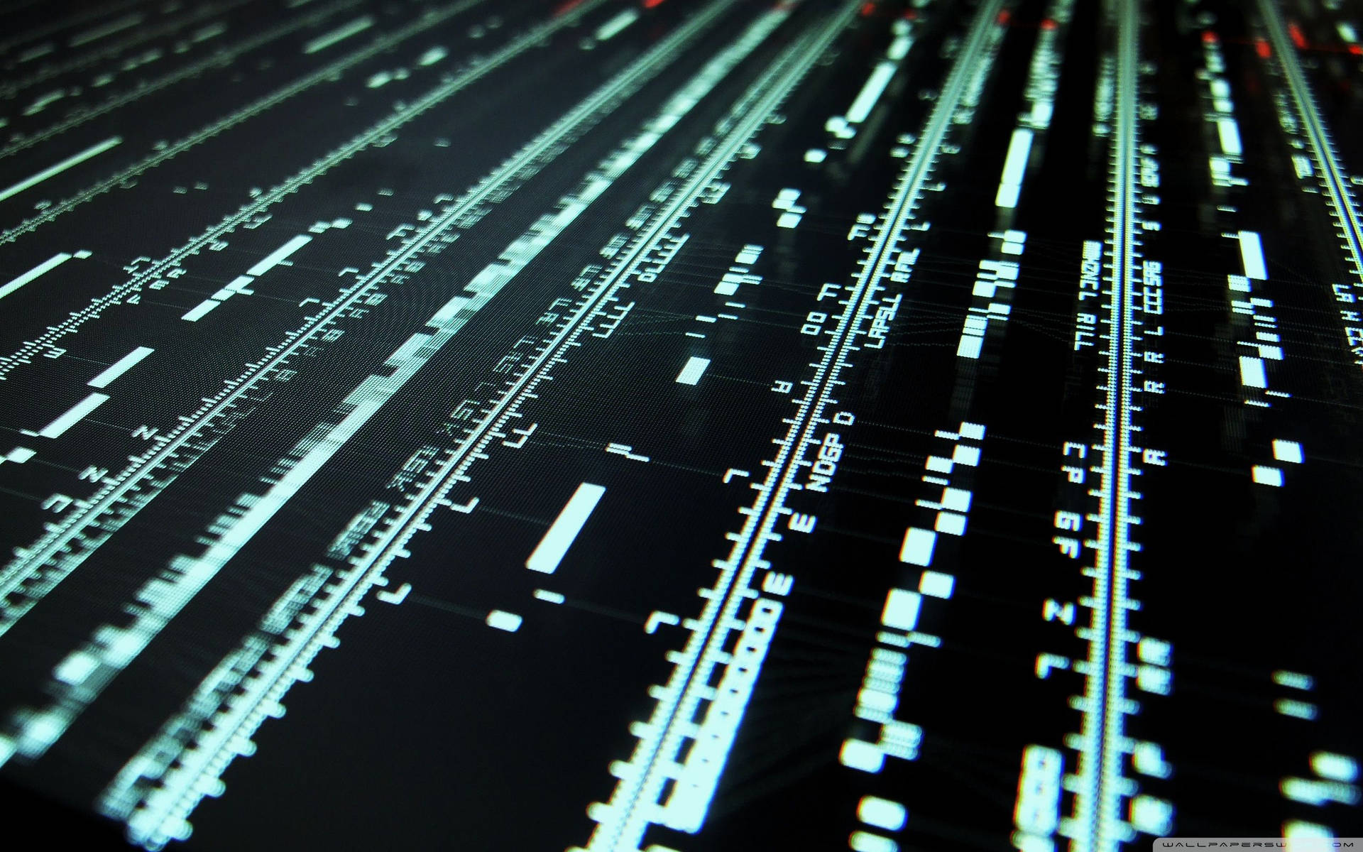 Code 桌布 壁紙 — 特寫發光綠色數位代碼流，如未來數據高速公路般對角流過黑暗螢幕。