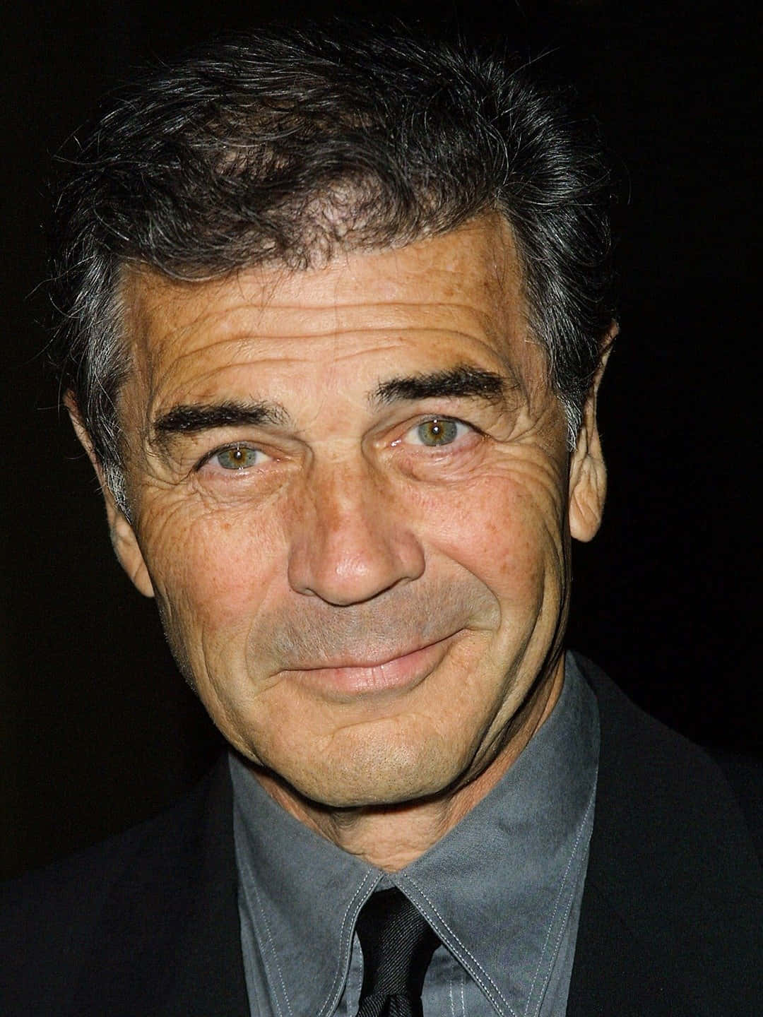 actor 桌布 壁紙 — 特寫肖像，一位成熟男士，灰白頭髮，溫暖笑容，深色背景。
