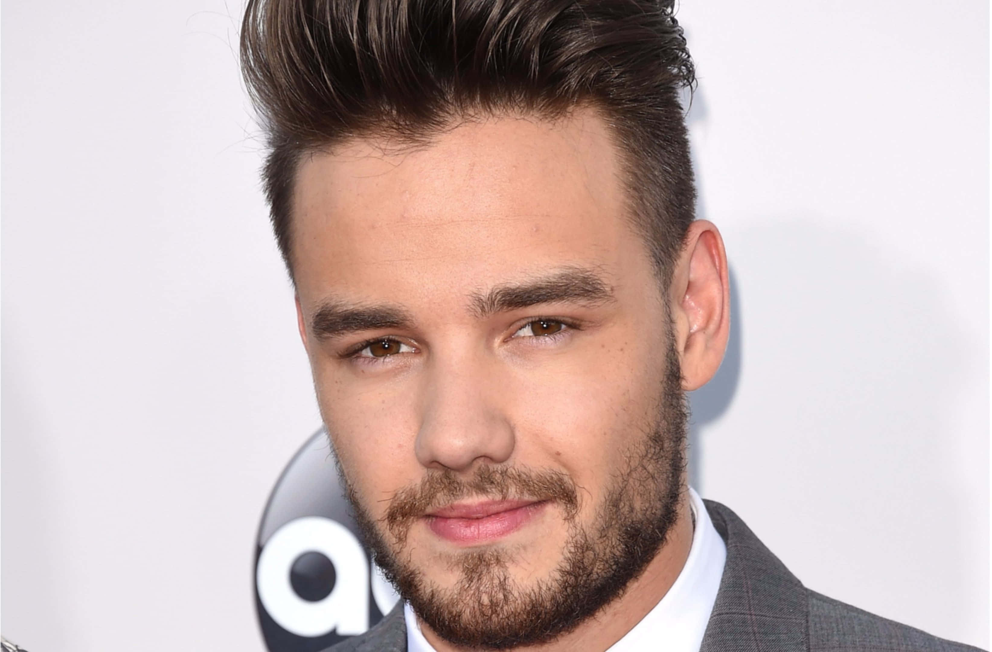 liam payne 桌布 壁紙 — 特寫肖像，一位留著深色造型頭髮和鬍鬚的男士，身穿西裝，背景為白色。