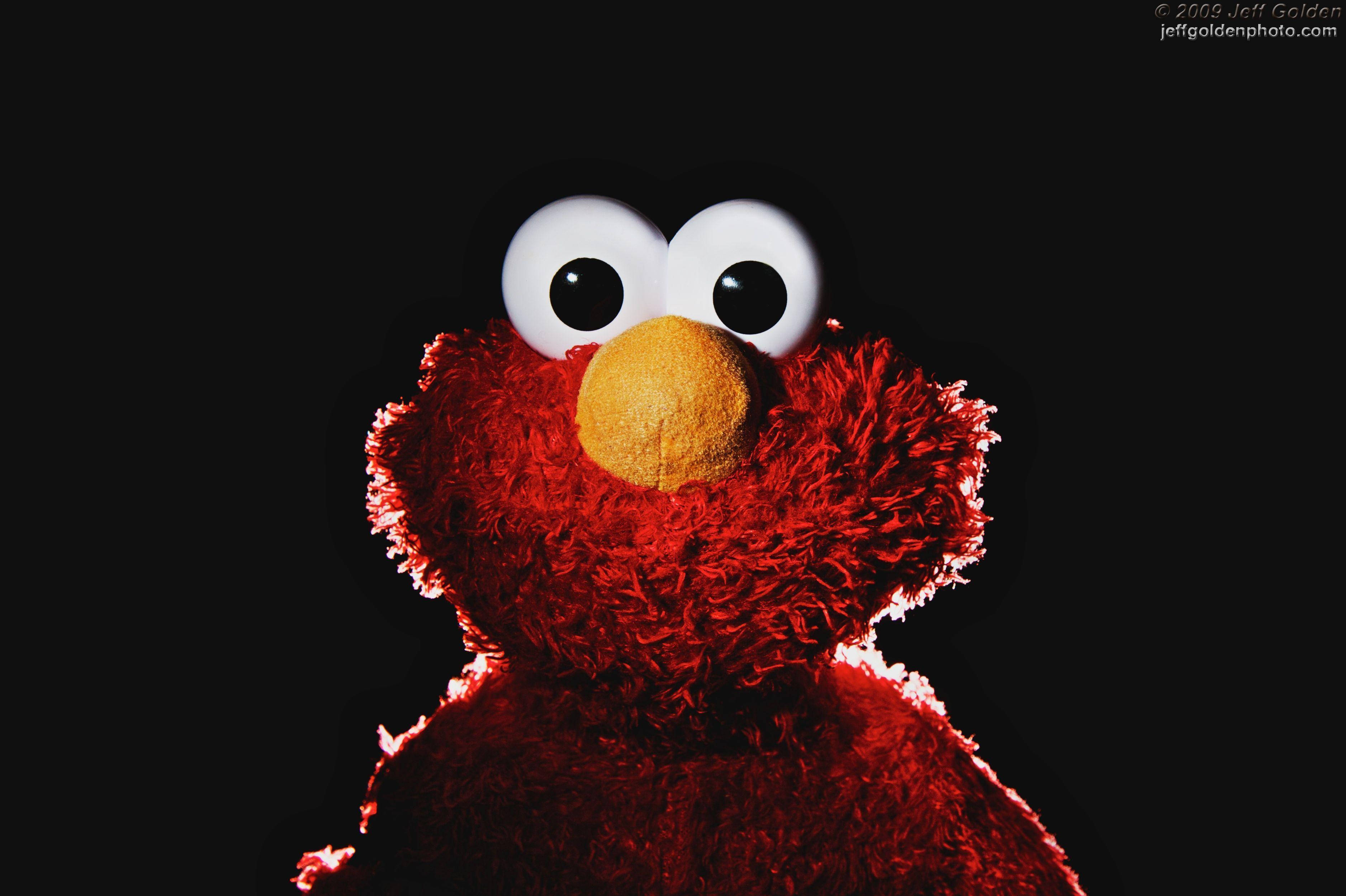 Elmo 桌布 壁紙 — 特寫鏡頭：Elmo 鮮紅色毛茸茸的臉龐，配上一雙白色大眼睛和橙色鼻子，背景為黑色。