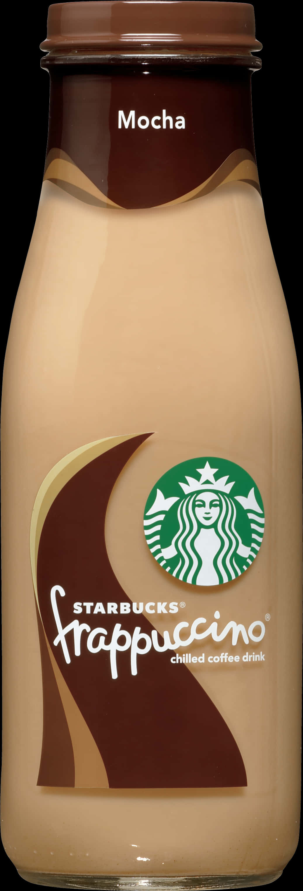 Starbucks Coffee 桌布 壁紙 — 特寫鏡頭：Starbucks Mocha Frappuccino 瓶裝飲品，呈現奶油色液體和棕色漩渦，背景為黑色。