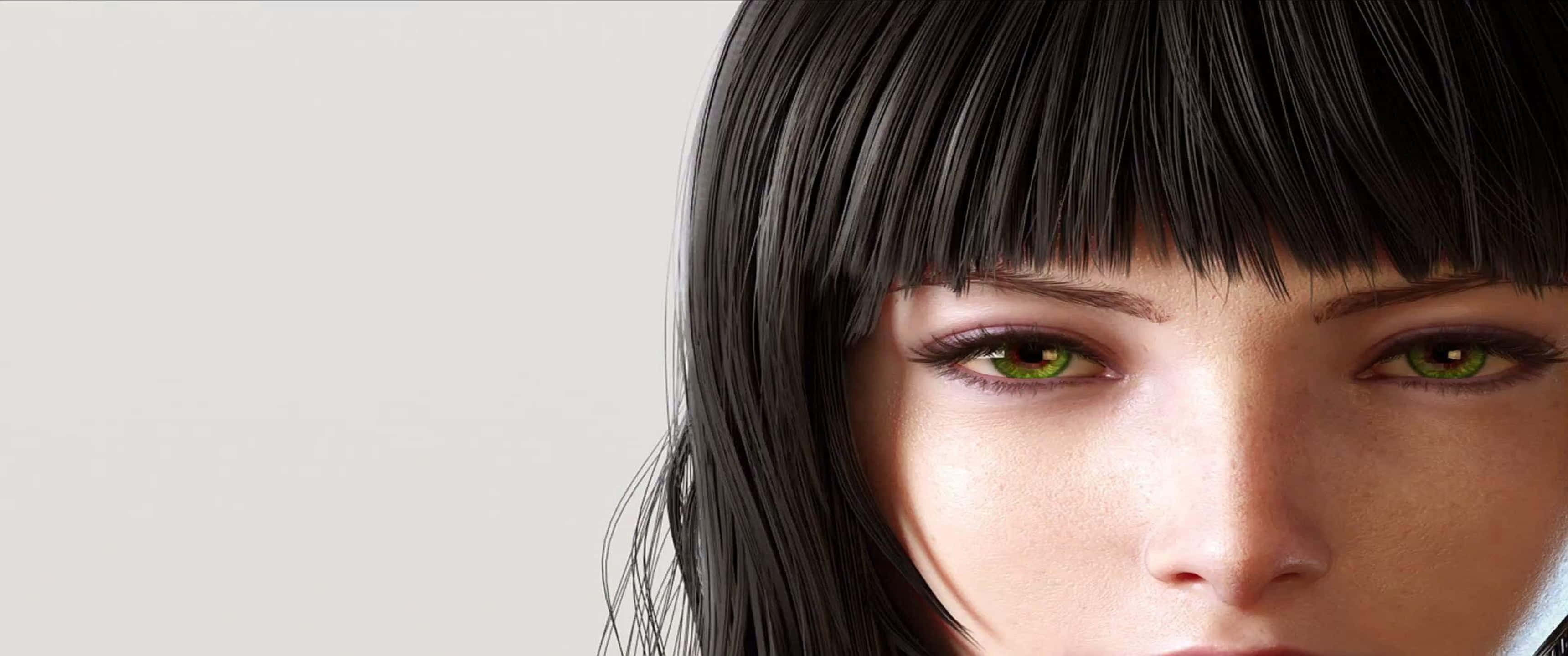 3440x1440p Final Fantasy Xv 桌布 壁紙 — 特寫鏡頭，一位女性擁有引人注目的綠色眼睛和直黑色瀏海，背景是純淺灰色。