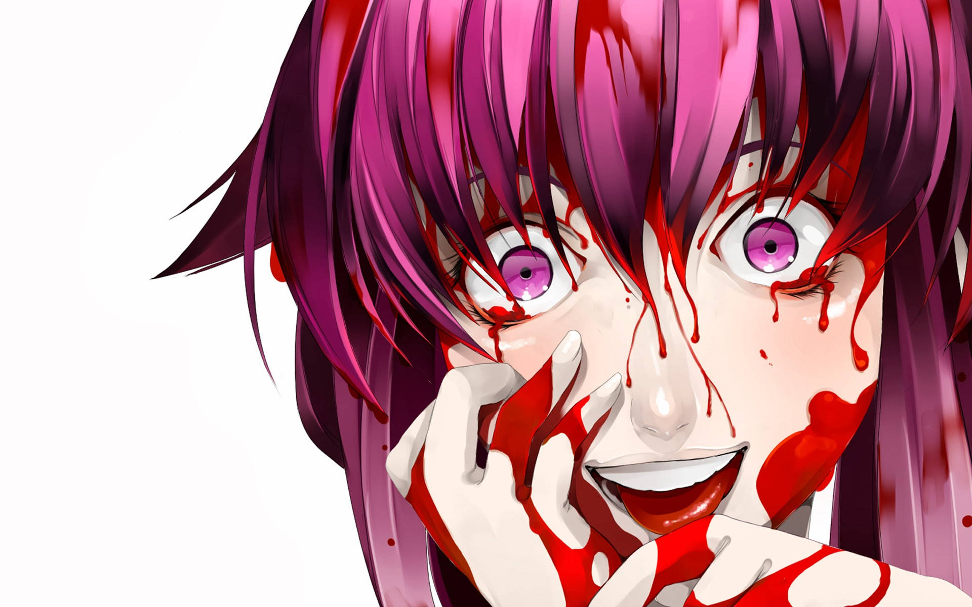 Yuno 桌布 壁紙 — 特寫鏡頭，一位紫紅色頭髮、紫色眼睛的動漫女孩，滿臉鮮血，在白色背景前狂笑。
