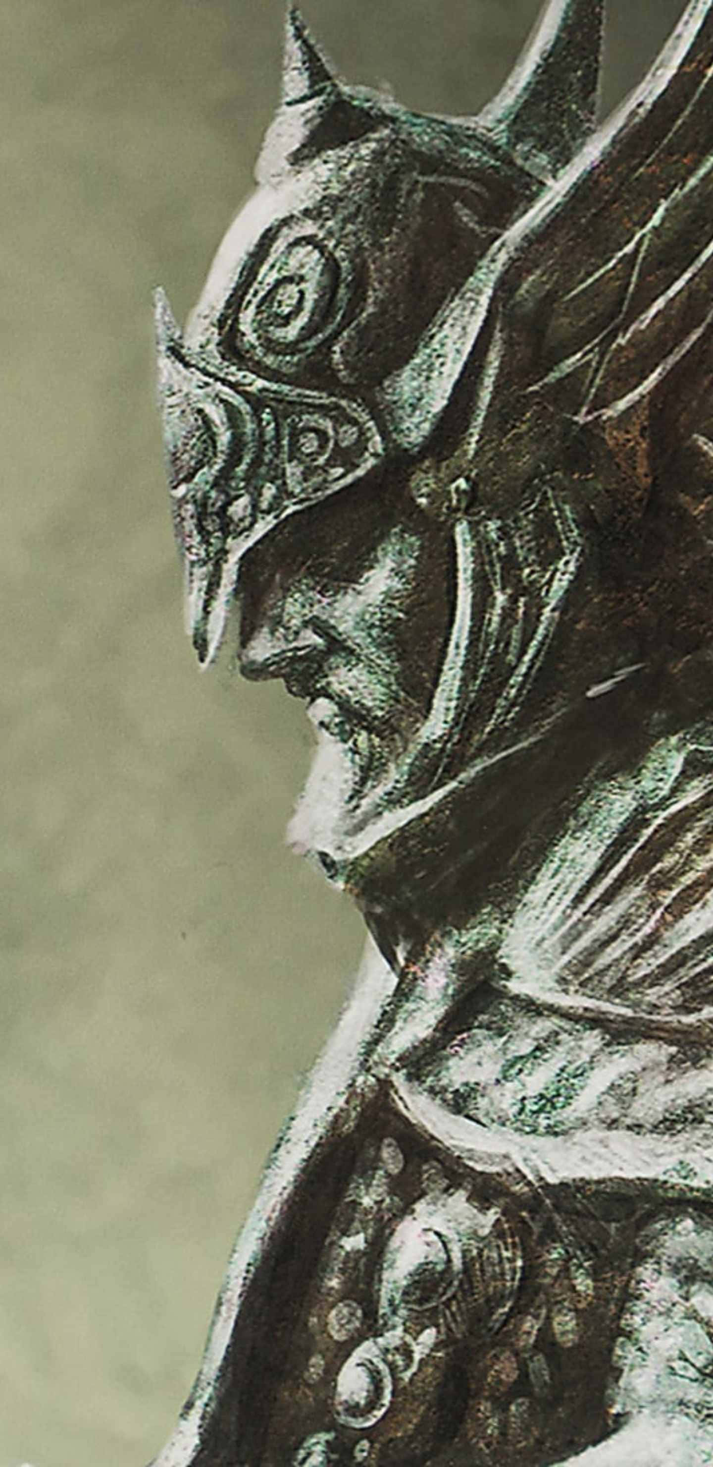 電玩遊戲 桌布 壁紙 — 特寫鏡頭：一位飽經風霜的裝甲戰士，戴著華麗頭盔和羽毛肩甲，色調柔和，以綠色和灰色為主。