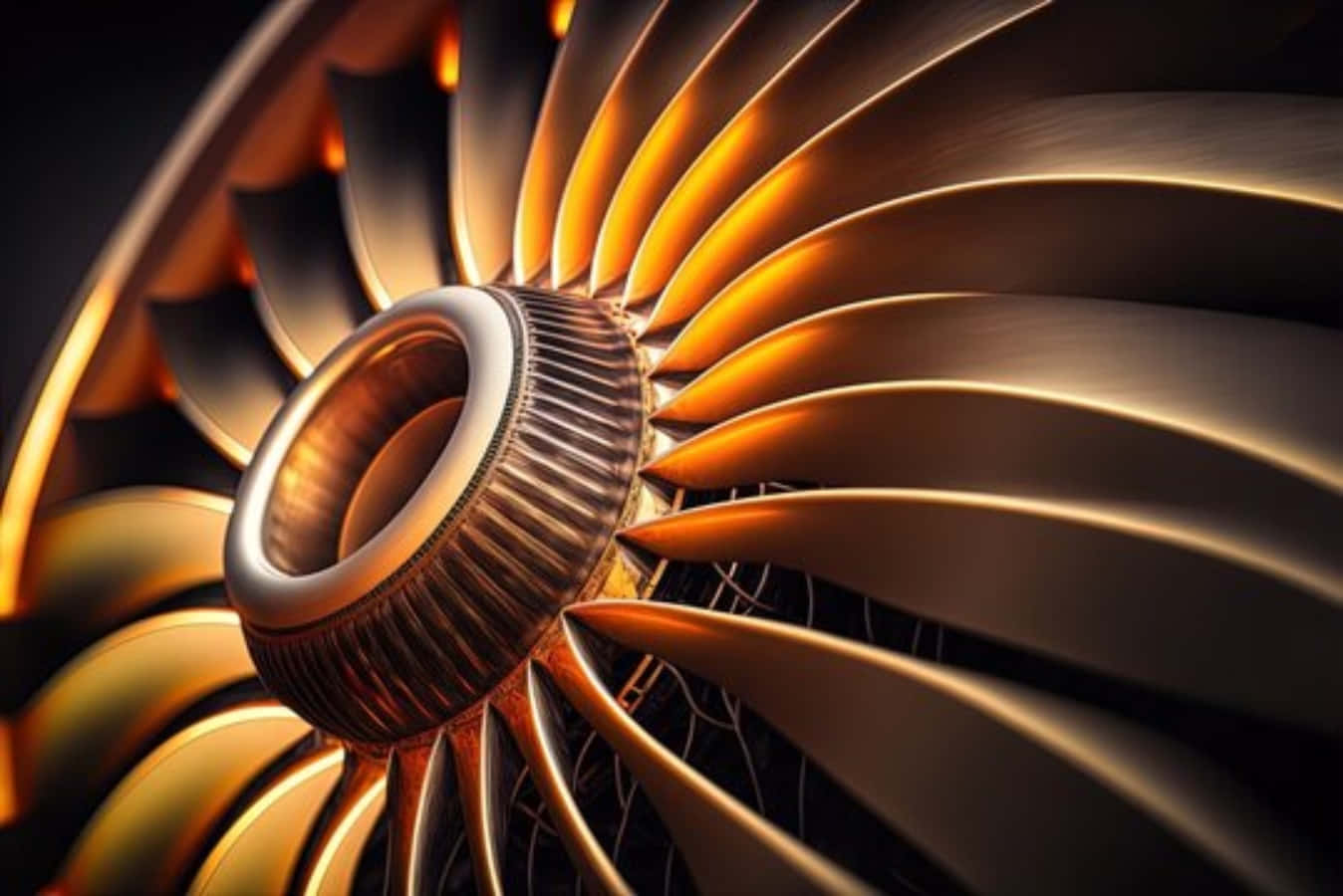 Jet Engine 桌布 壁紙 — 特寫鏡頭：一個噴射引擎渦輪在黑暗背景下散發出溫暖的金色光芒。