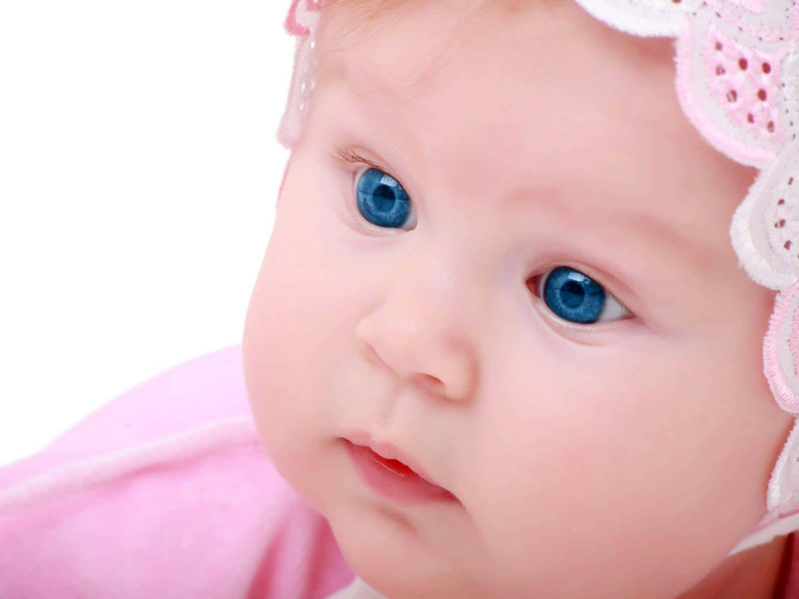 cute baby 桌布 壁紙 — 特寫鏡頭，一個嬰兒擁有引人注目的藍色眼睛，戴著粉紅色蕾絲頭帶，背景為白色。