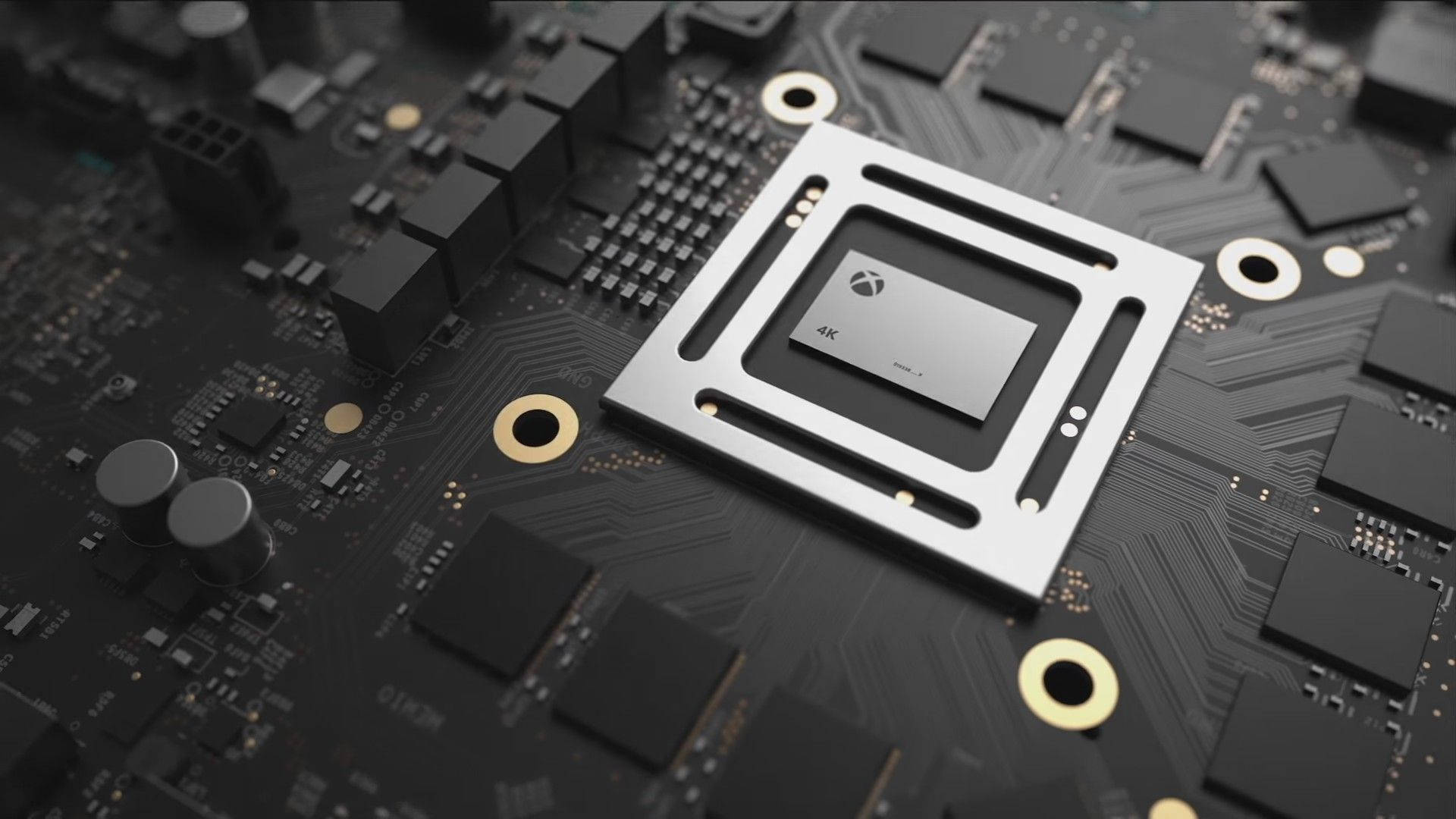 Xbox 桌布 壁紙 — 特寫鏡頭：一個時尚的 Xbox 4K 處理器安裝在細節豐富的黑色電路板上，帶有鍍金接點。