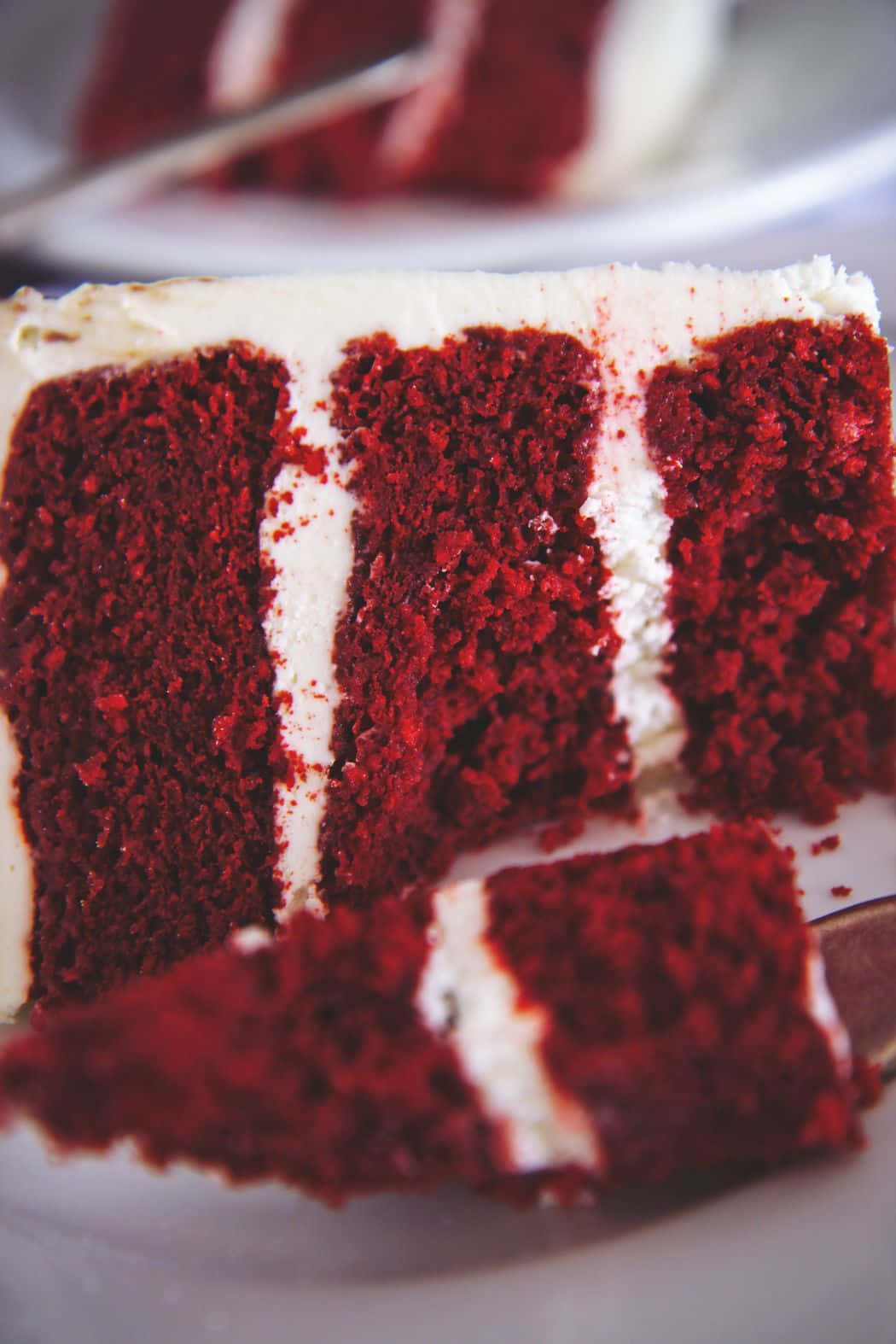 Red Velvet Cake 桌布 壁紙 — 特寫鏡頭：一塊濃郁的紅絲絨蛋糕切片，帶有 creamy 白色糖霜，露出濕潤的層次。