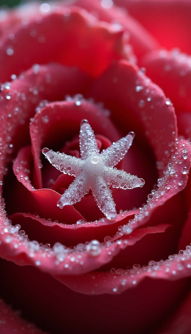 Flower 壁紙 — 特寫鏡頭，一朵深紅玫瑰，花瓣上閃爍著露珠，中心有一顆精緻的白色星形冰晶。