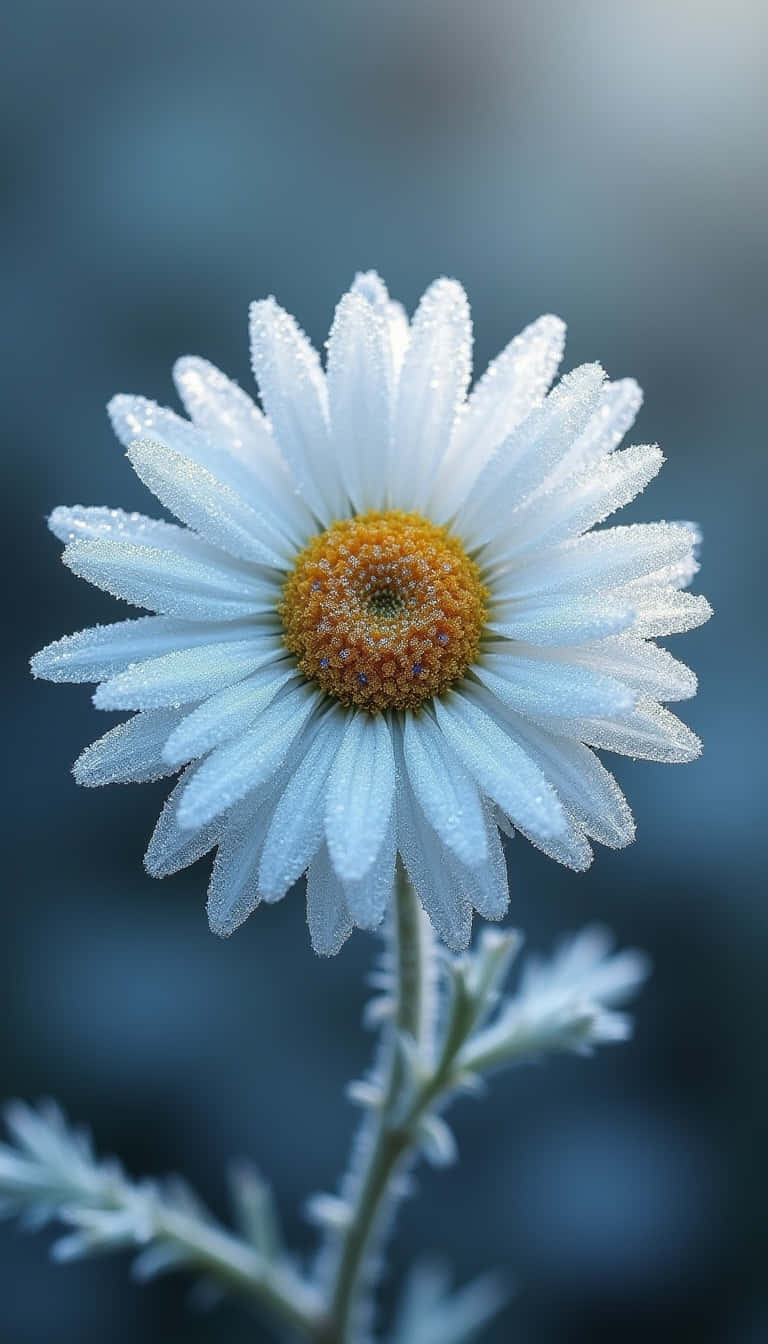 Flower 壁紙 — 特寫鏡頭：一朵被霜覆蓋的白色雛菊，黃色花心，背景為模糊的藍色。