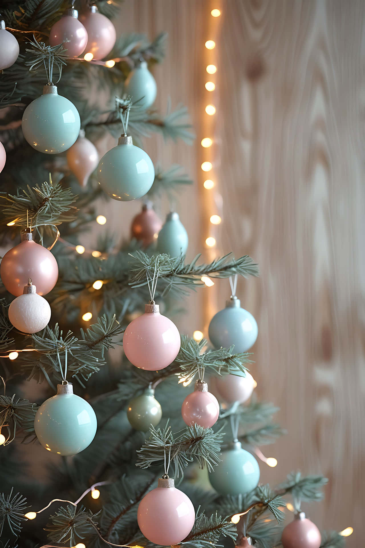 Pastel-colored christmas tree decorations 壁紙 — 特寫鏡頭：一棵聖誕樹，飾有粉彩粉紅和薄荷綠裝飾品，以及溫暖的串燈，背景為木質。