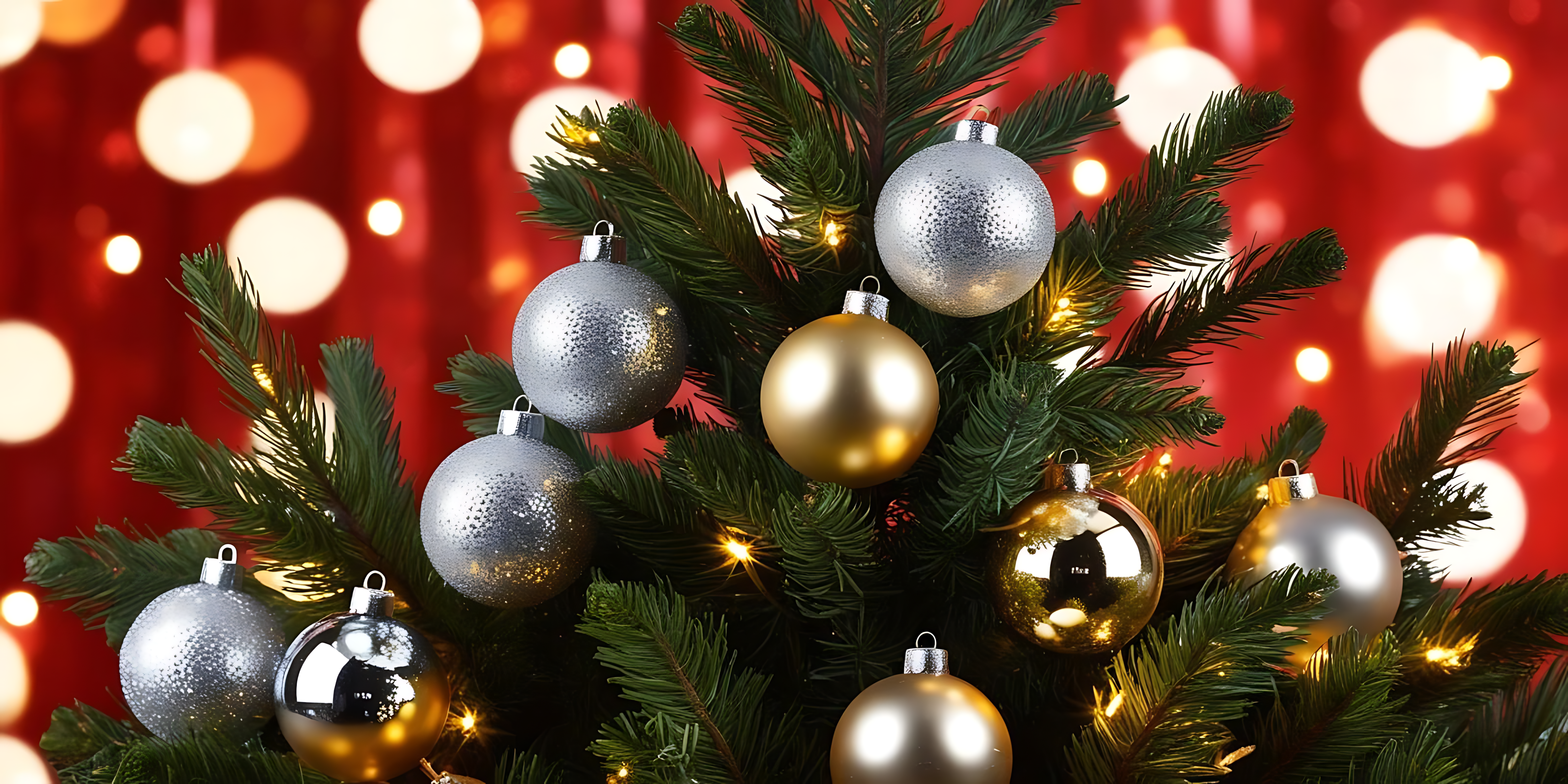 String Lights 桌布 壁紙 — 特寫鏡頭：一棵聖誕樹飾有銀色和金色裝飾品，背景是充滿活力的紅色散景。