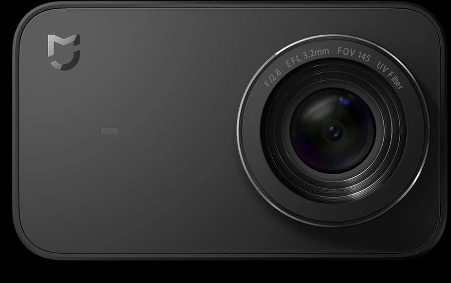 Camera Lens 桌布 壁紙 — 特寫鏡頭：一款時尚黑色運動相機，配備突出鏡頭和可見規格，背景為深色。