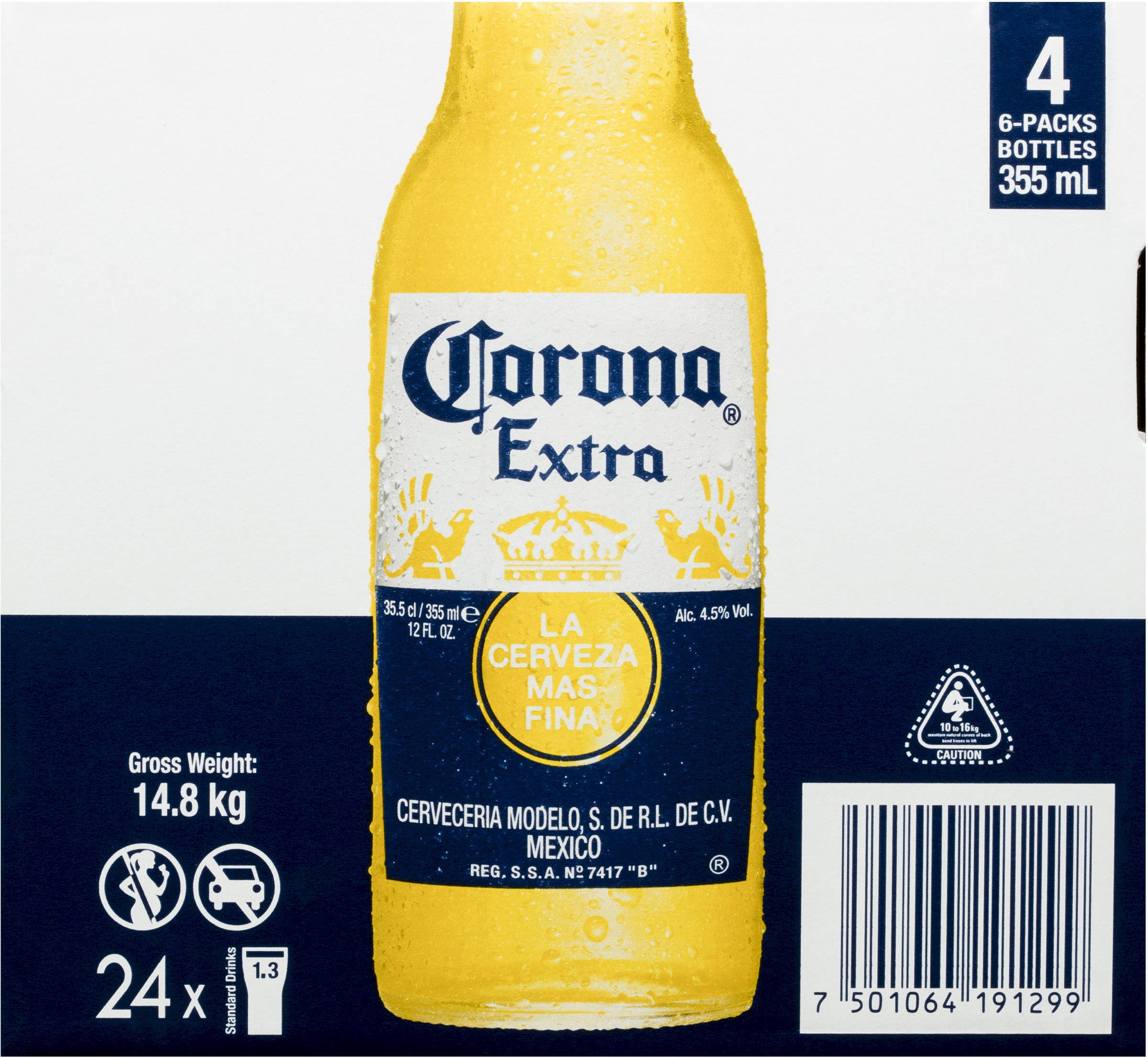corona 桌布 壁紙 — 特寫鏡頭，一瓶冰鎮的Corona Extra啤酒瓶，表面凝結水珠，背景為白色和藍色的紙板包裝。