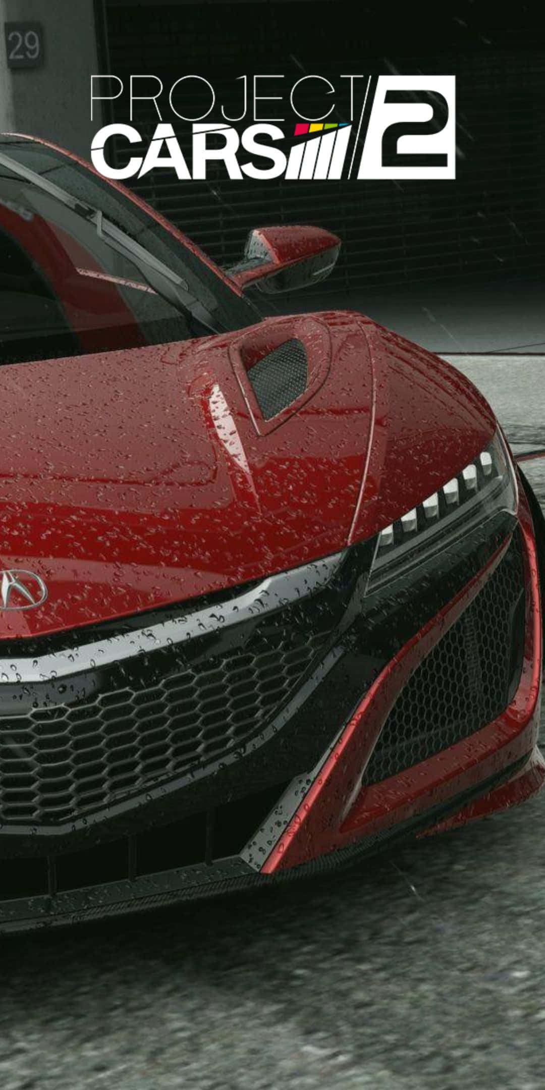 Pixel 3 Project Cars 2 桌布 壁紙 — 特寫鏡頭：一輛紅色賽車，引擎蓋上掛著雨滴，車頭燈在陰天中閃爍發光。
