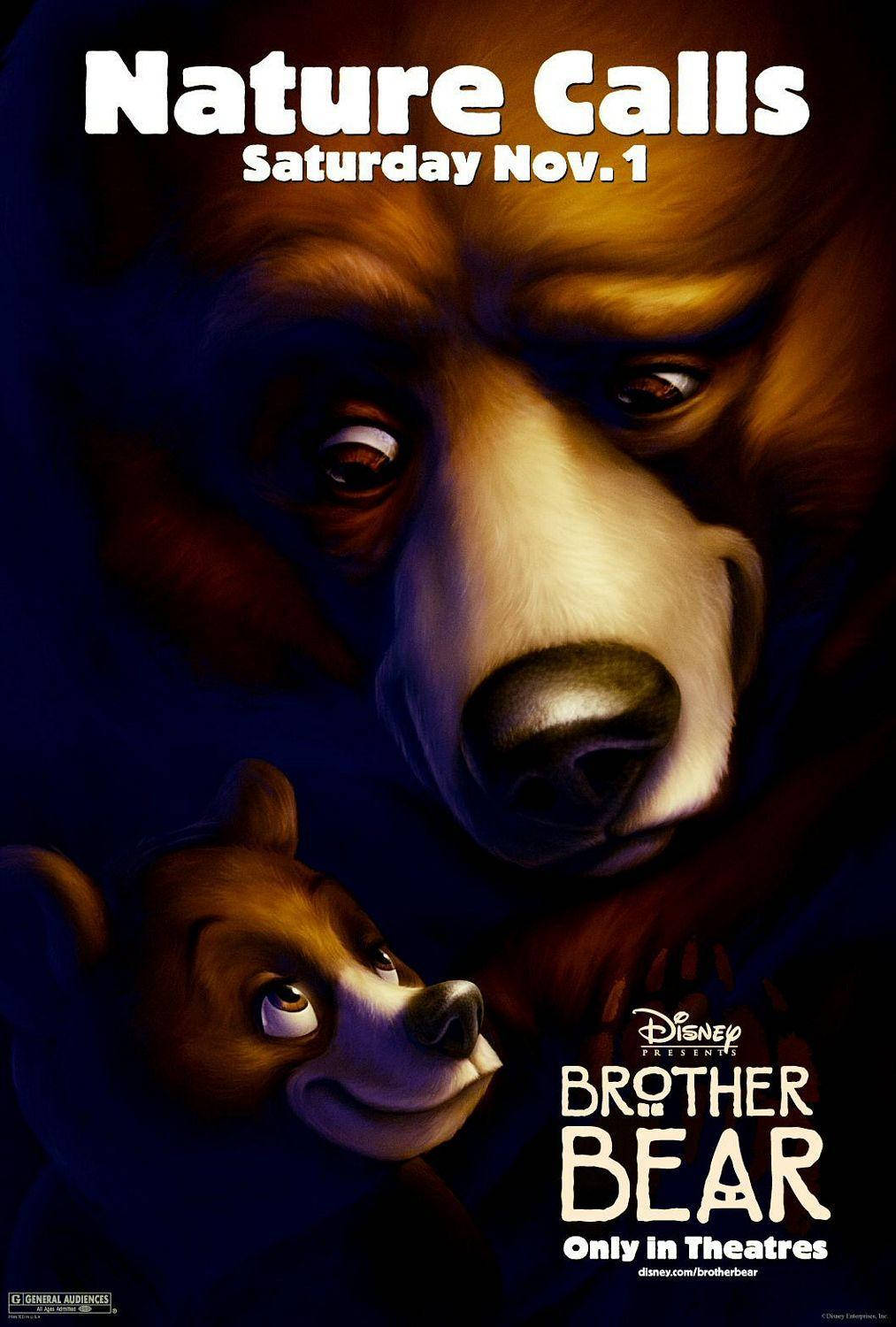 Brother 桌布 壁紙 — 特寫鏡頭，一隻大熊的臉龐籠罩著一隻小熊，小熊睜大眼睛向上望，背景為深藍色。