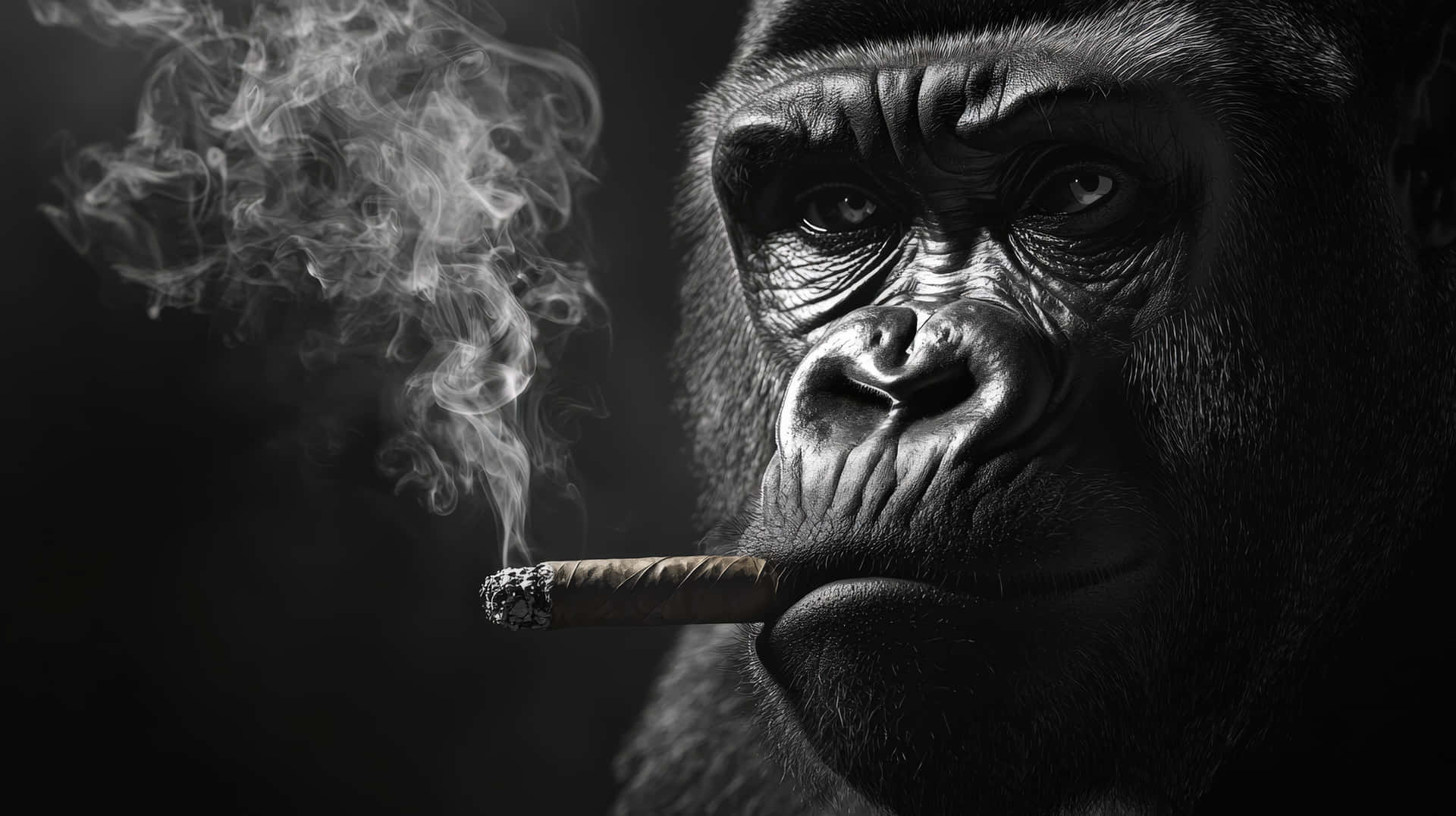 Black and White Gorilla Smoking Cigar Close-Up 壁紙 — 特寫鏡頭，一隻大猩猩手持點燃的雪茄，煙霧在黑暗背景中向上繚繞。