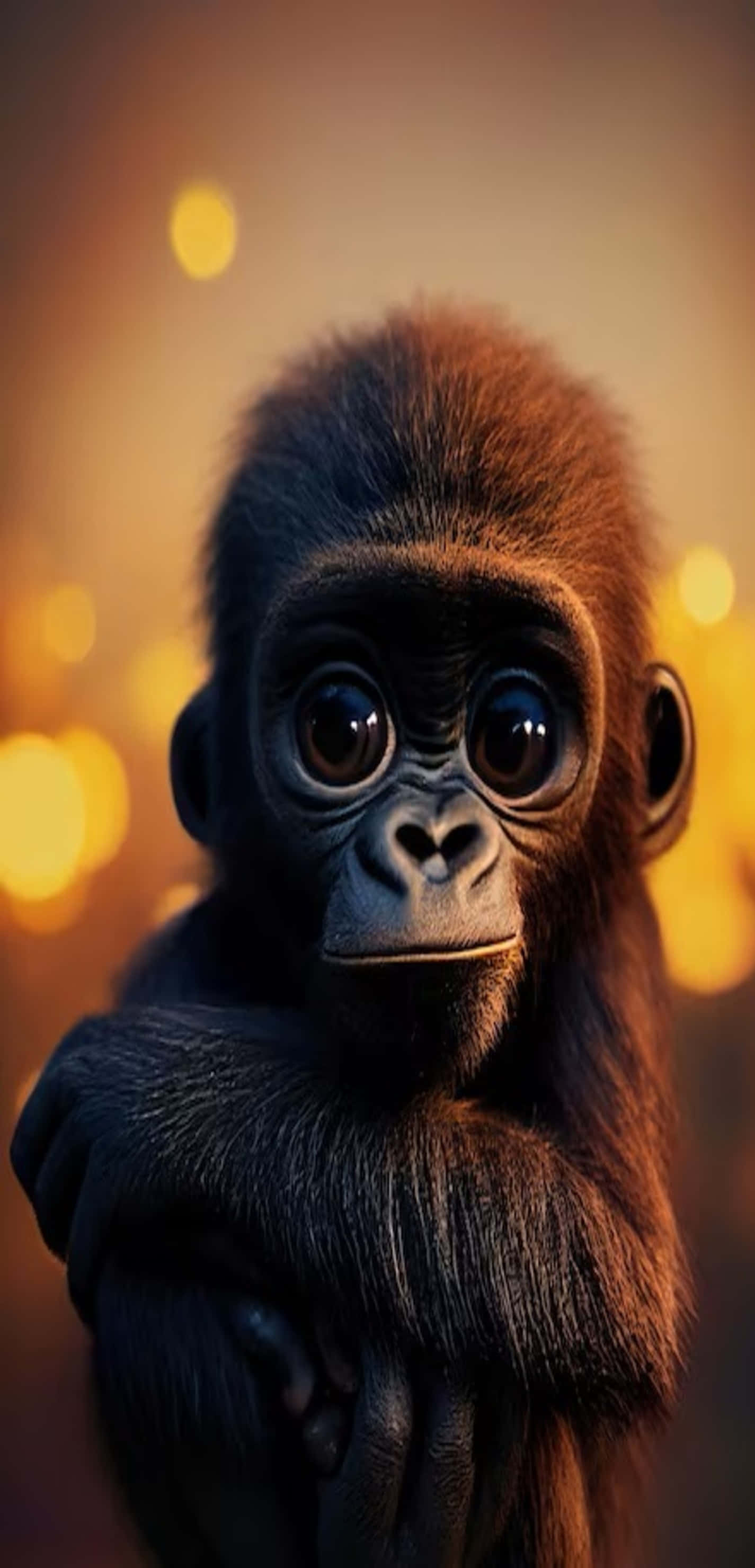 Pixel 3xl Gorilla 桌布 壁紙 — 特寫鏡頭：一隻擁有好奇大眼睛和柔軟毛髮的嬰兒大猩猩，背景是溫暖的金色散景。