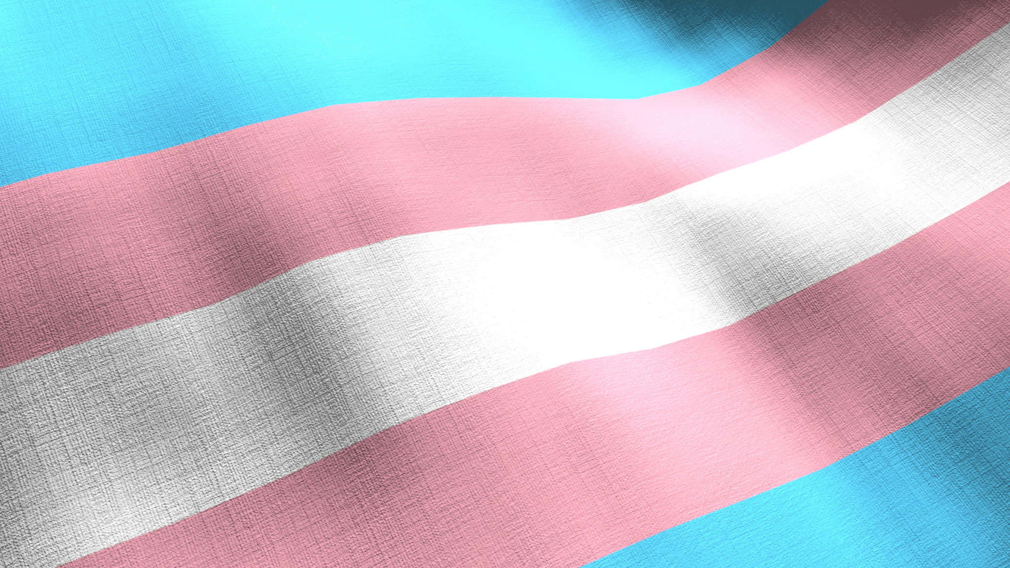 Trans Flag 桌布 壁紙 — 特寫鏡頭：一面有紋理的跨性別旗幟隨風飄揚，柔軟的摺痕展現出淺藍色、粉紅色和白色的條紋。
