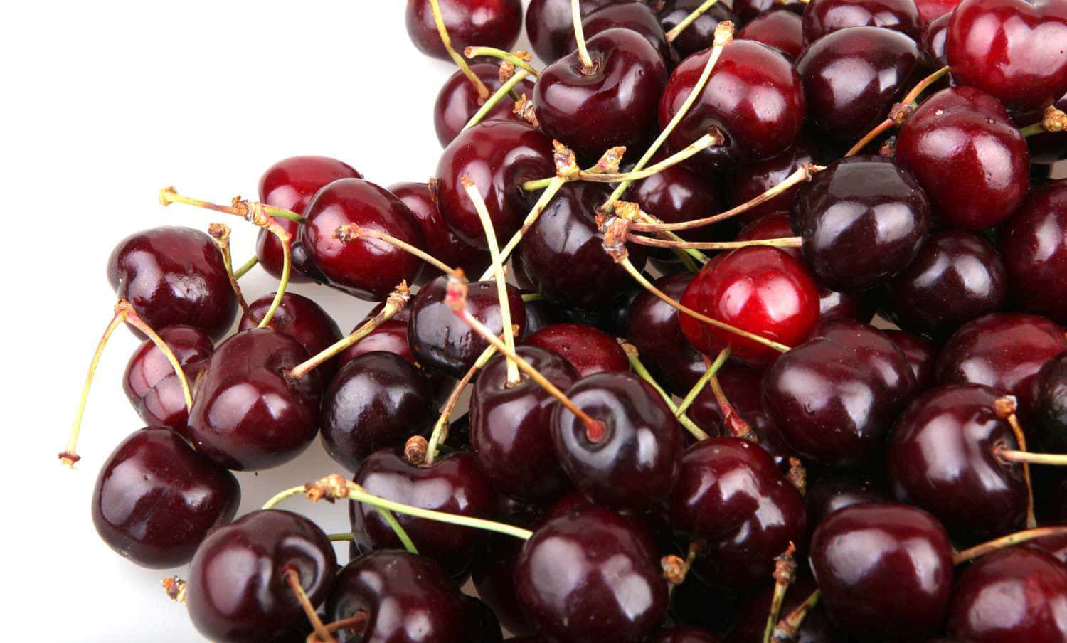 Red Cherries 桌布 壁紙 — 特寫鏡頭，光澤深紅色櫻桃帶綠色莖稈，堆疊在純白背景上。