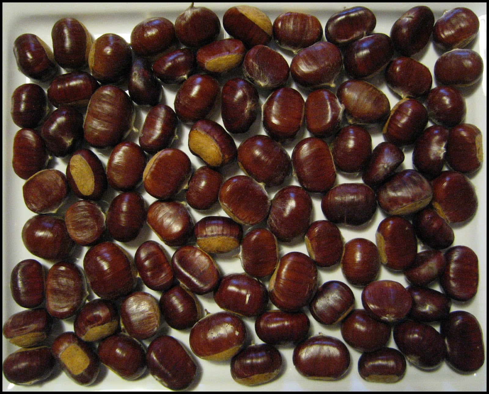 Chestnut 桌布 壁紙 — 特寫鏡頭：光澤的棕色栗子散落在白色托盤上，部分裂開露出淺色內部。
