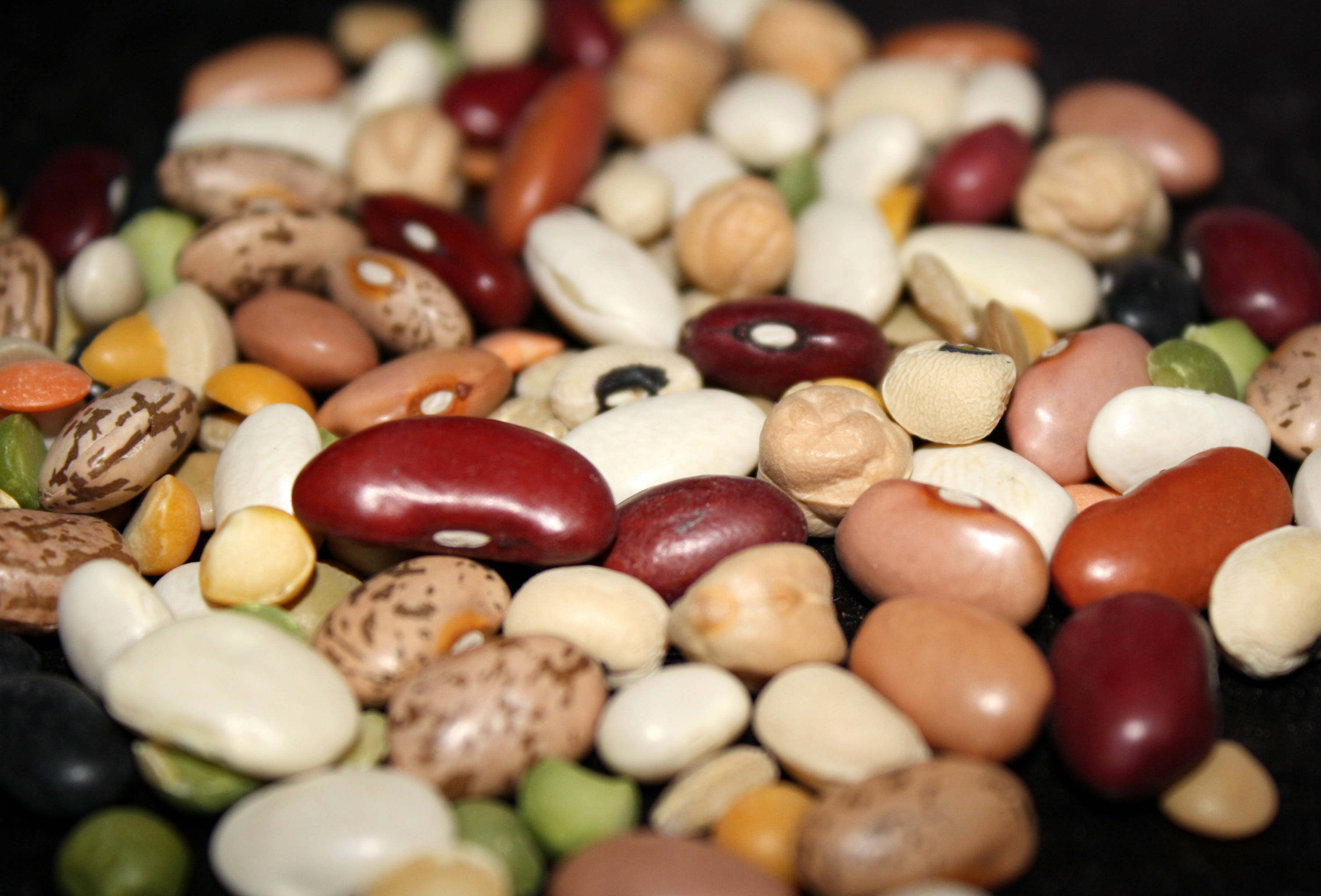 beans 桌布 壁紙 — 特寫鏡頭，各種色彩繽紛的豆類散落在深色表面上，光線柔和。