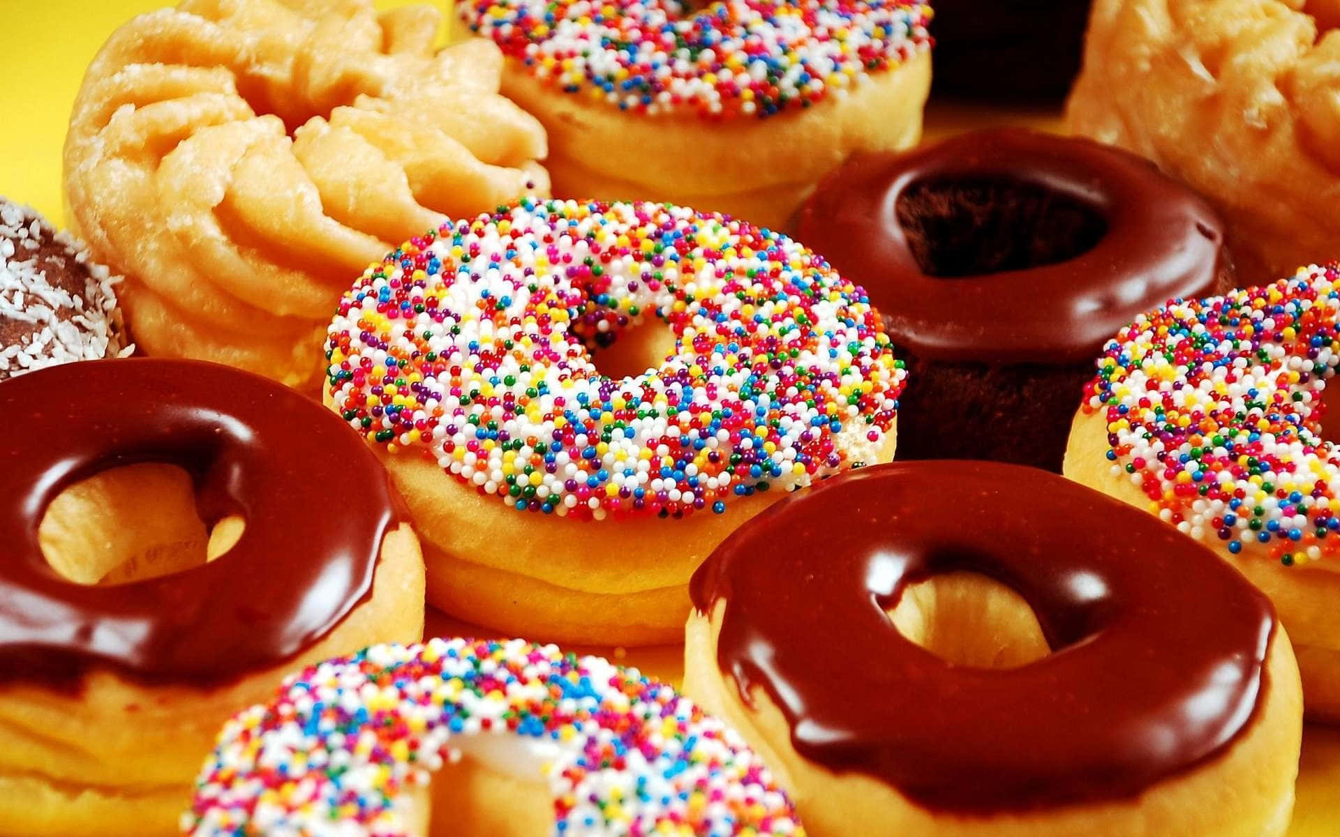 donuts 桌布 壁紙 — 特寫鏡頭：在明亮的黃色背景上，各種糖霜和巧克力醬甜甜圈，上面綴滿彩色糖針。
